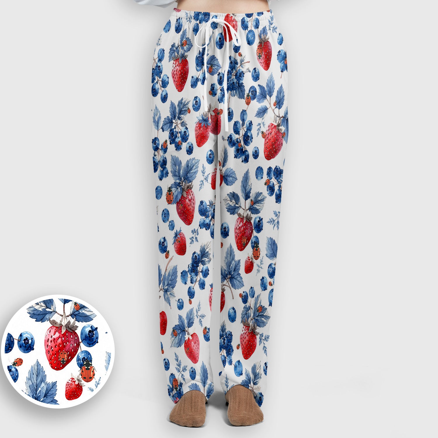 Cute Strawberry Blueberry Ladybug Pattern Scrub Set, Scrub Pants and V Neck Top
