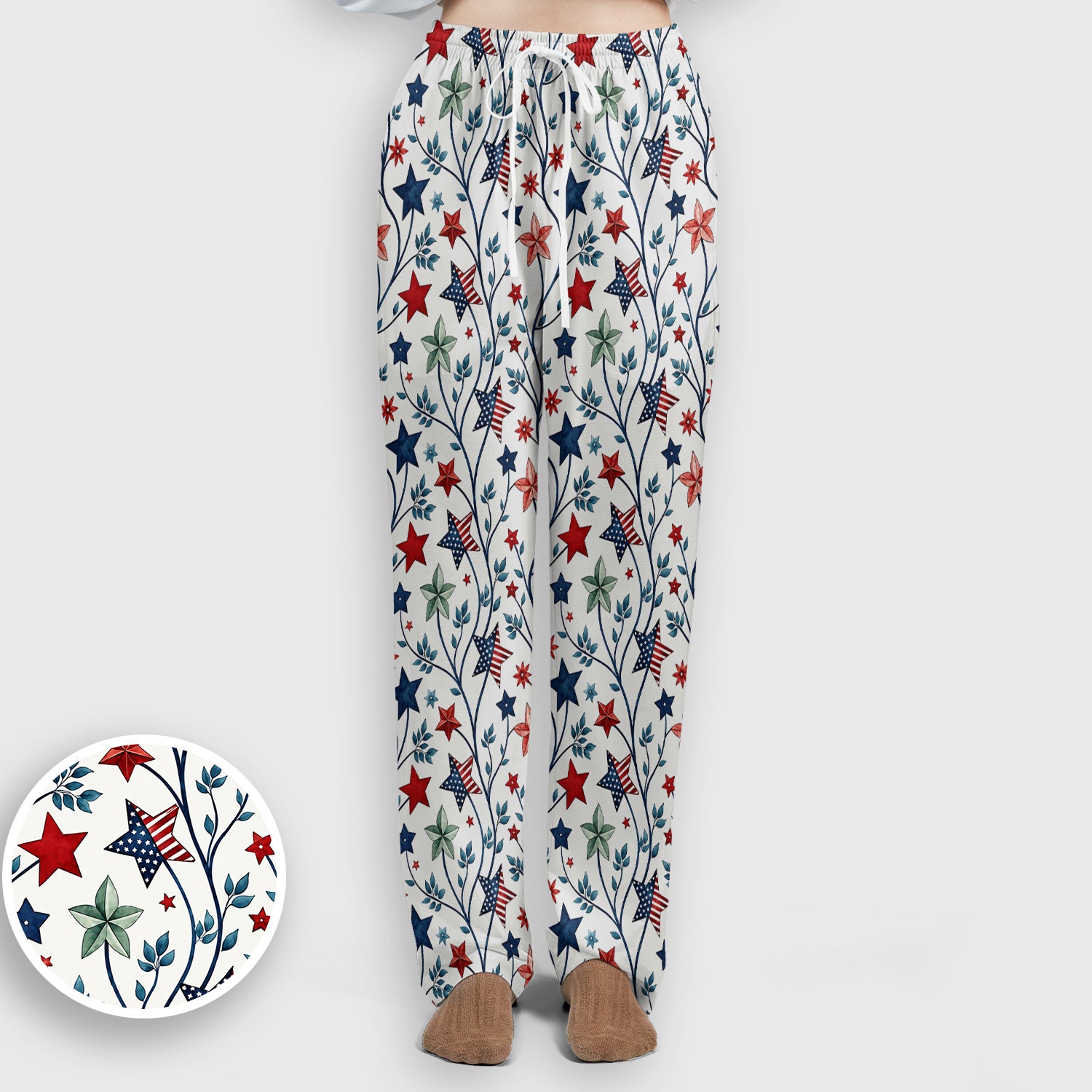 Patriotic Star Vine Floral Print Scrub Set, Scrub Pants and V Neck Top