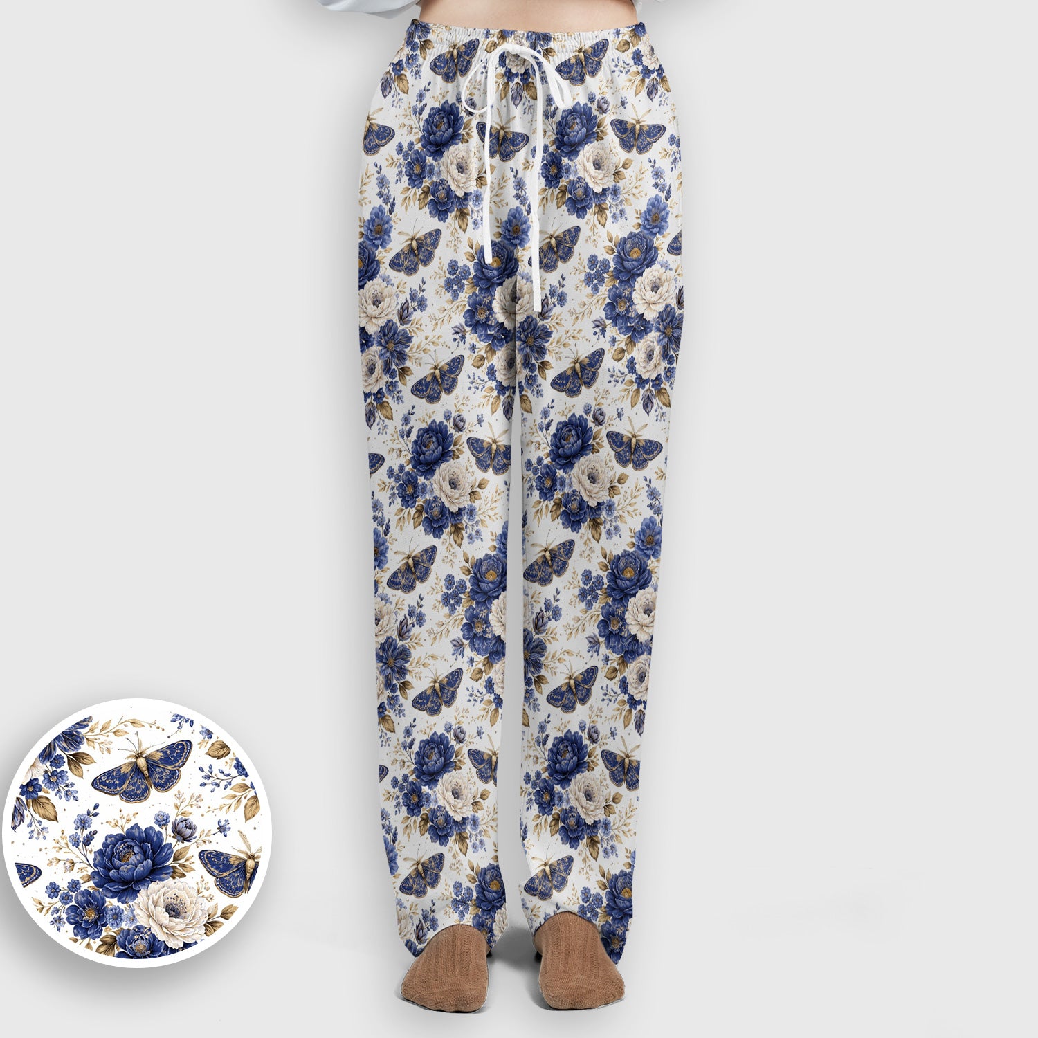 Cute Blue Floral Moth Pattern Scrub Set, Scrub Pants and V Neck Top