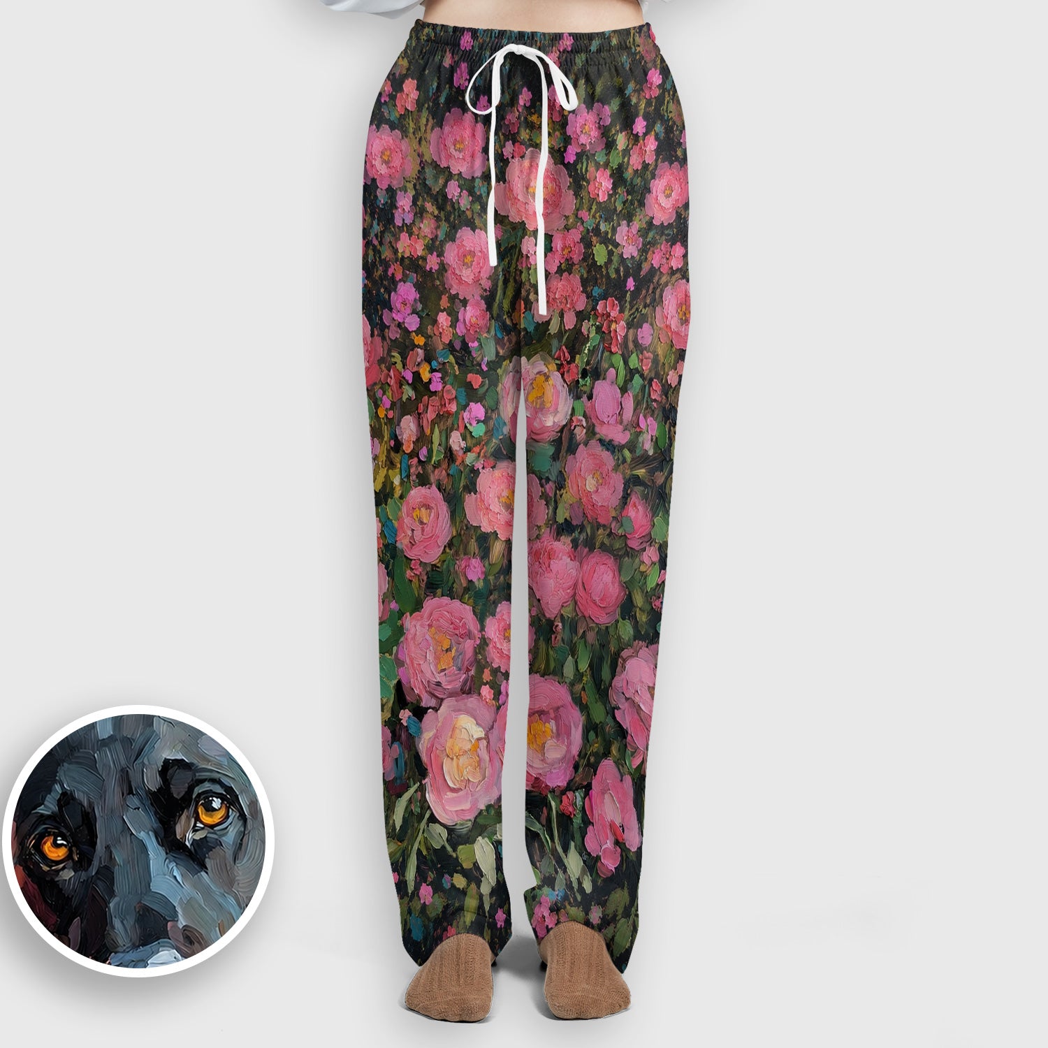 Painterly Floral Black Dog Pattern, Pet Lover Medical Scrub Set, Scrub Pants and V Neck Top