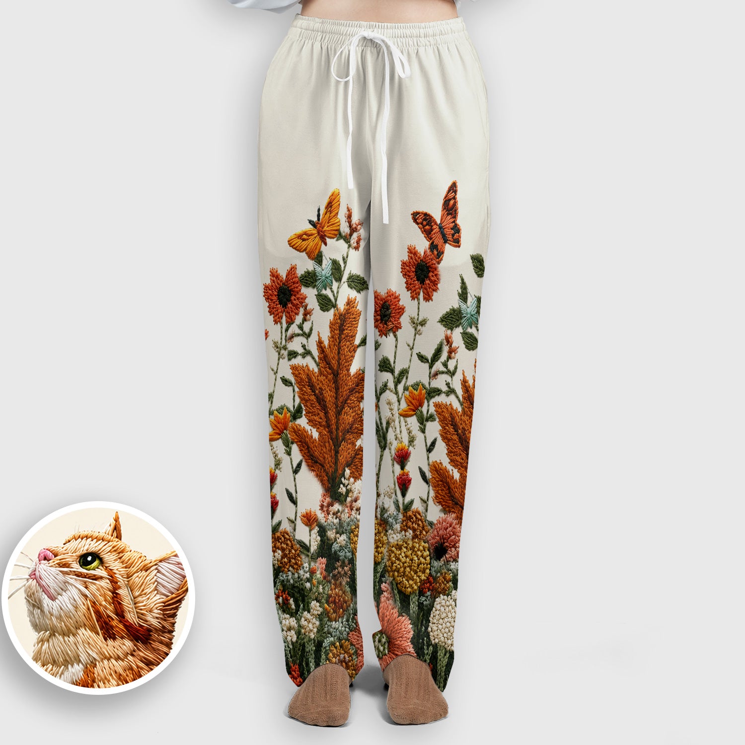 Embroidered Orange Cat Wildflower Pattern Scrub Set, Scrub Pants and V Neck Top