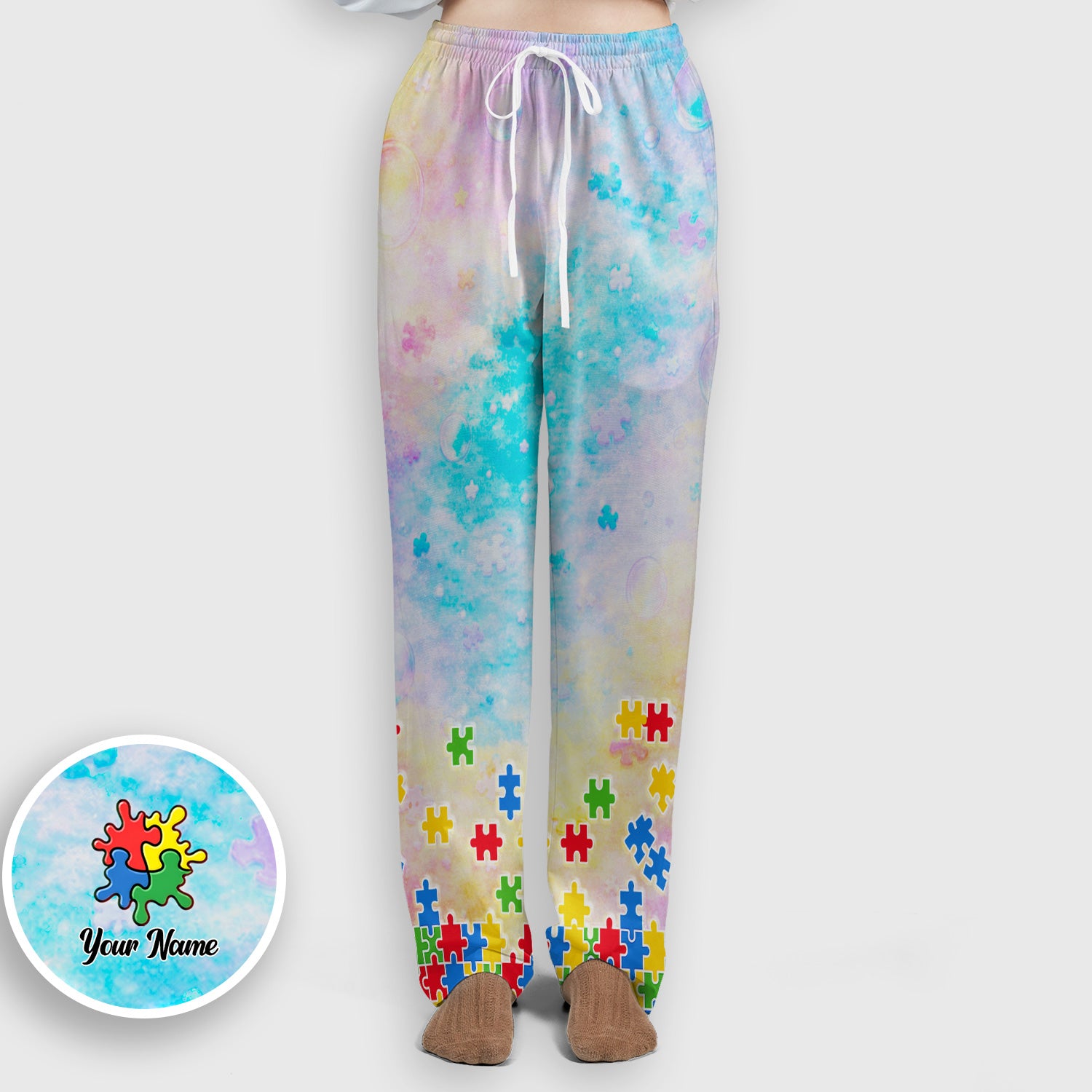 Personalized Inspirational Autism Awareness Nurse Puzzle Ribbon Pattern Scrub Set, Scrub Pants and V Neck Top