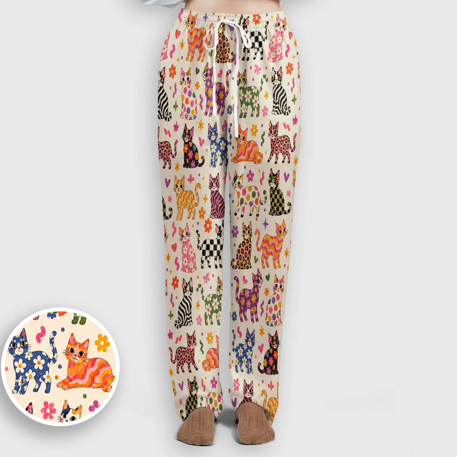 Colorful Cat with Floral Print Scrub Set, Scrub Pants and V Neck Top