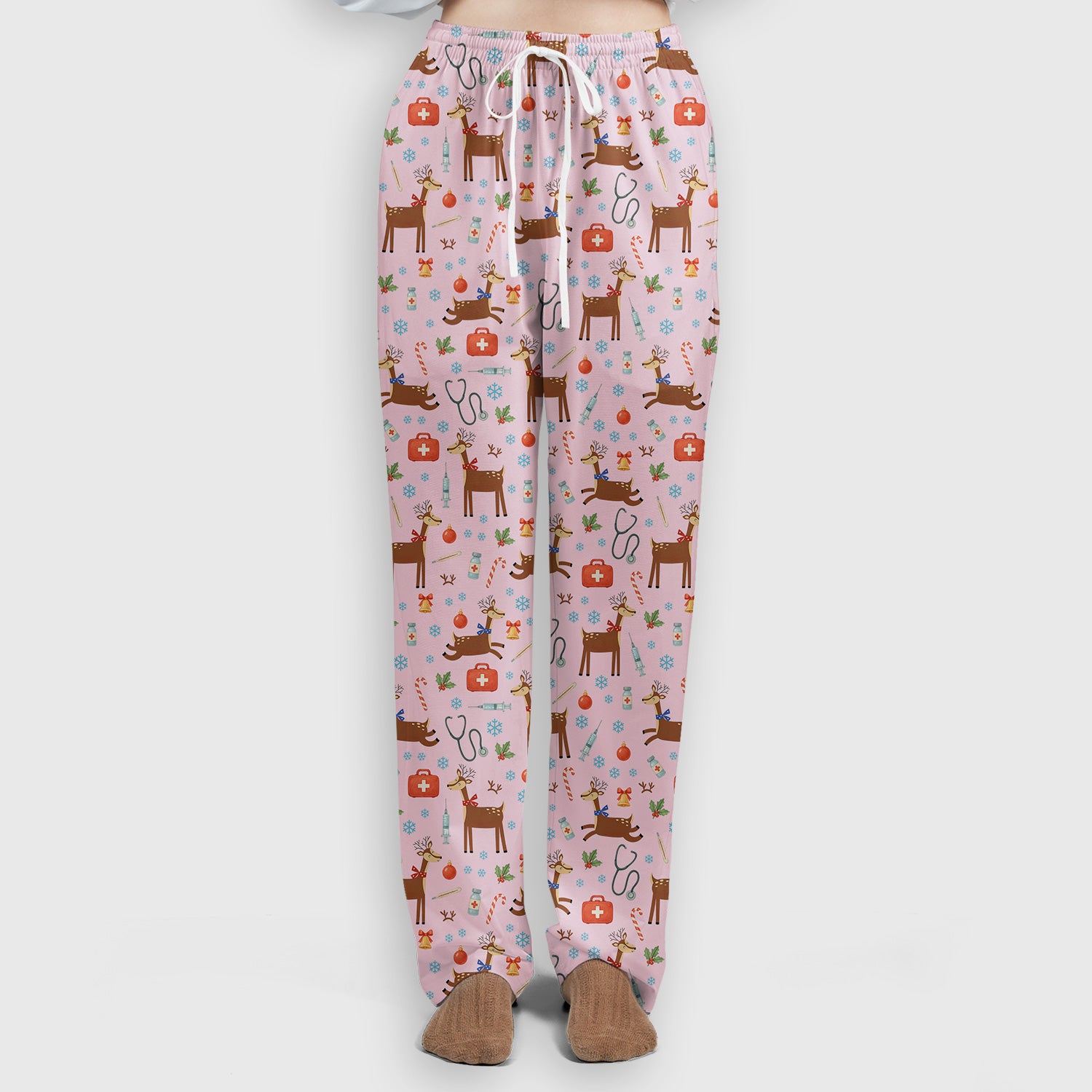 Reindeer Christmas Scrub Set - Snowflakes Candy Canes Holiday Scrubs Pants and V Neck Top - Xmas Gift for Women RN CNA LPN