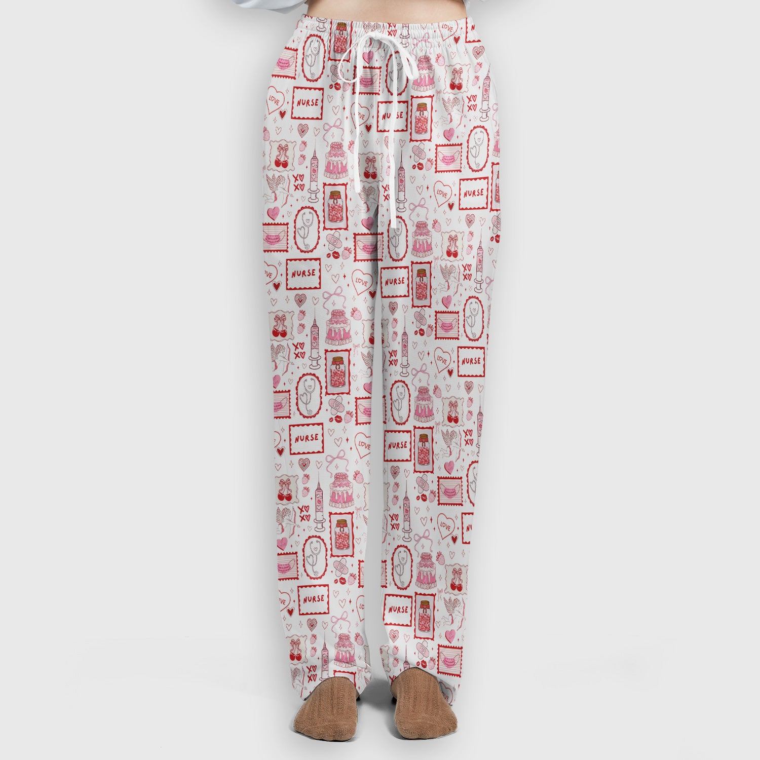 Nurse Icons Hearts Syringes Valentine Scrub Set, Scrub Pants and V Neck Top