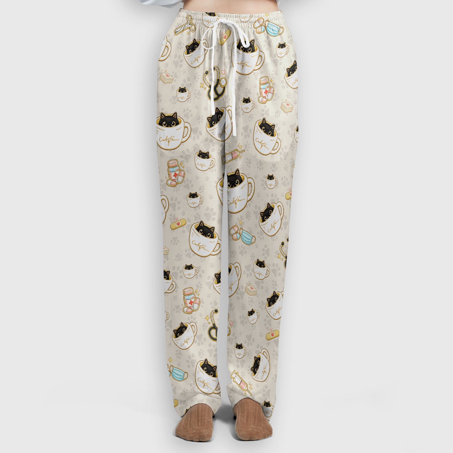 Cute Coffee Cat Medical Print Scrub Set, Scrub Pants and V Neck Top
