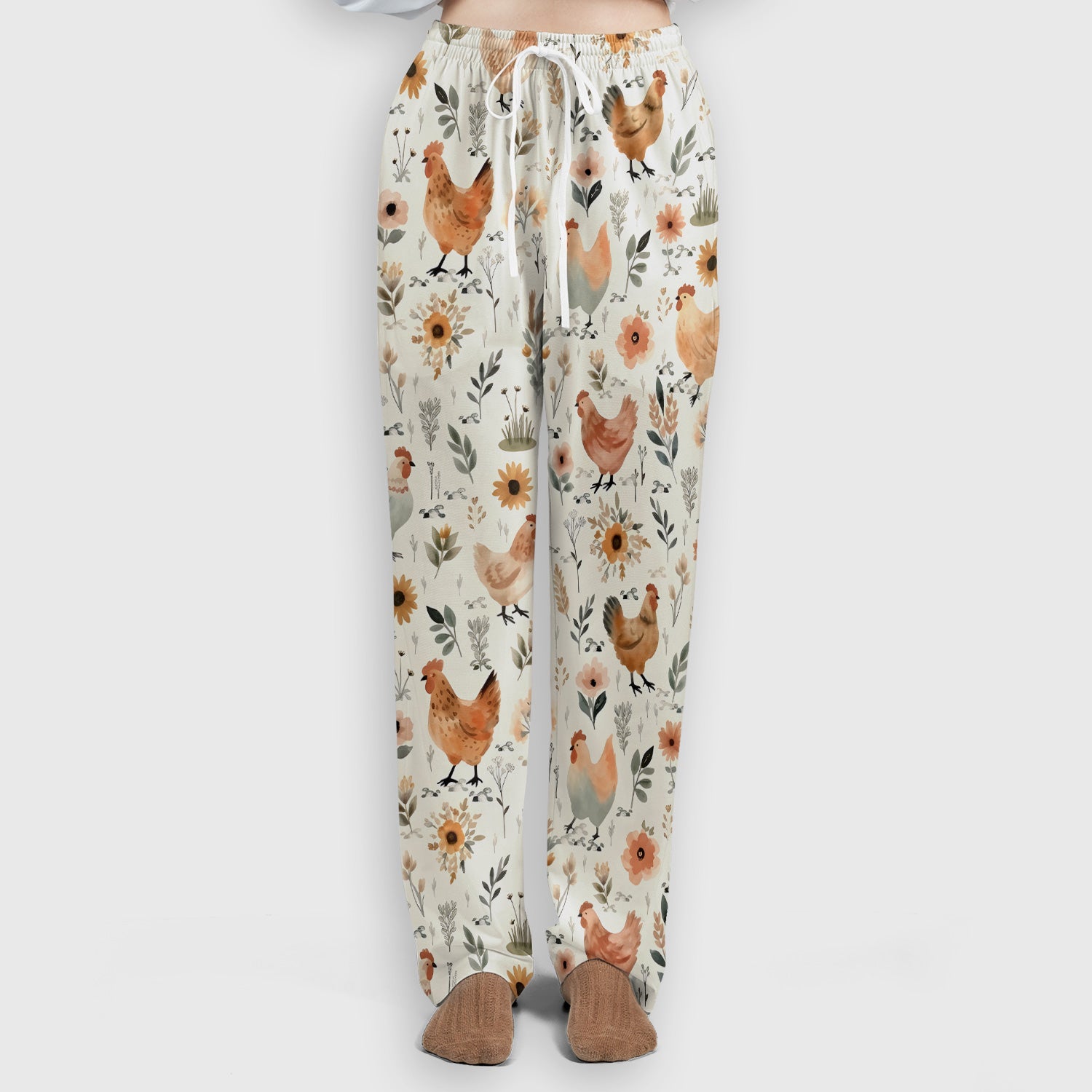 Charming Chicken Floral Farm Pattern Scrub Set, Scrub Pants and V Neck Top