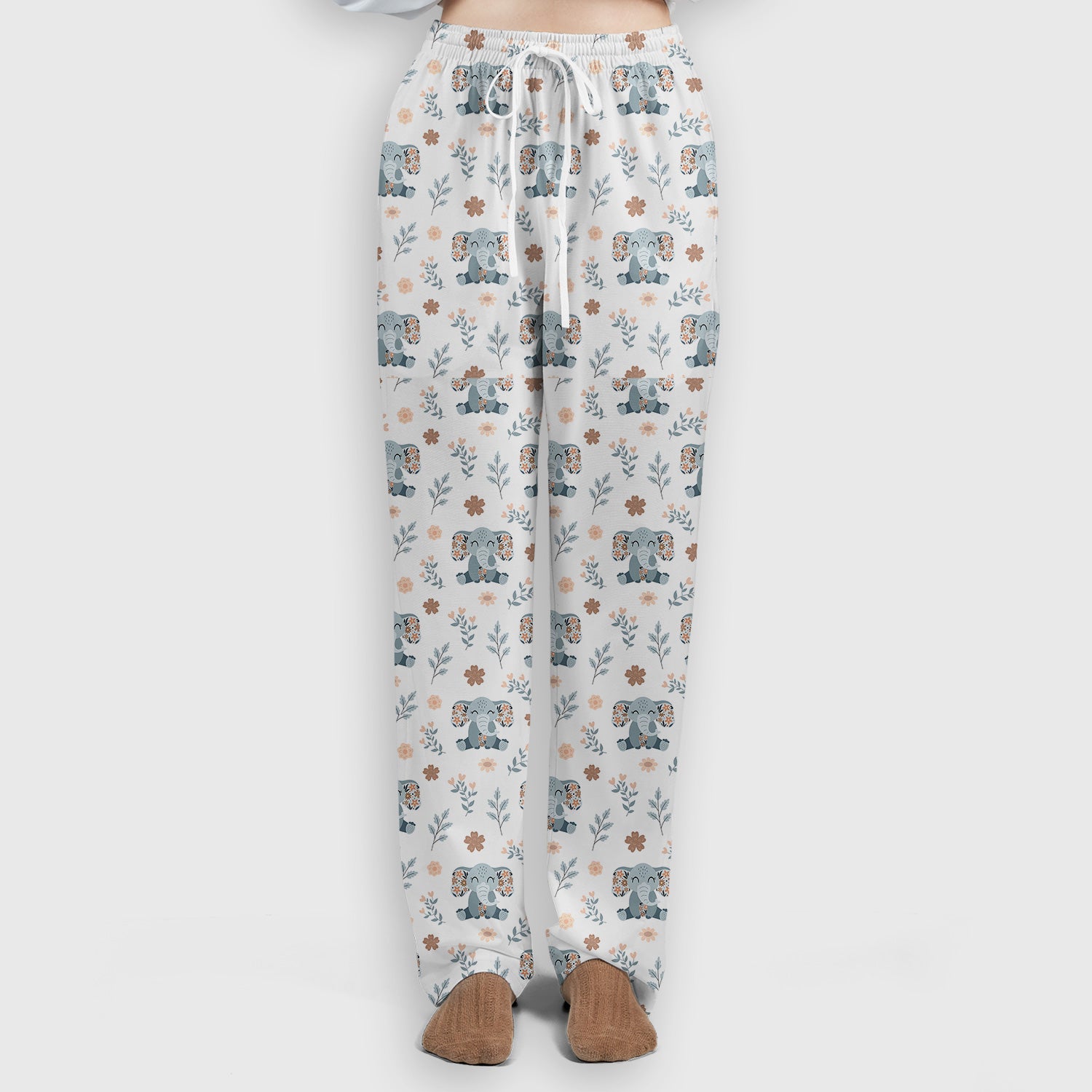 Cute Elephant Floral Print Scrub Set, Scrub Pants and V Neck Top