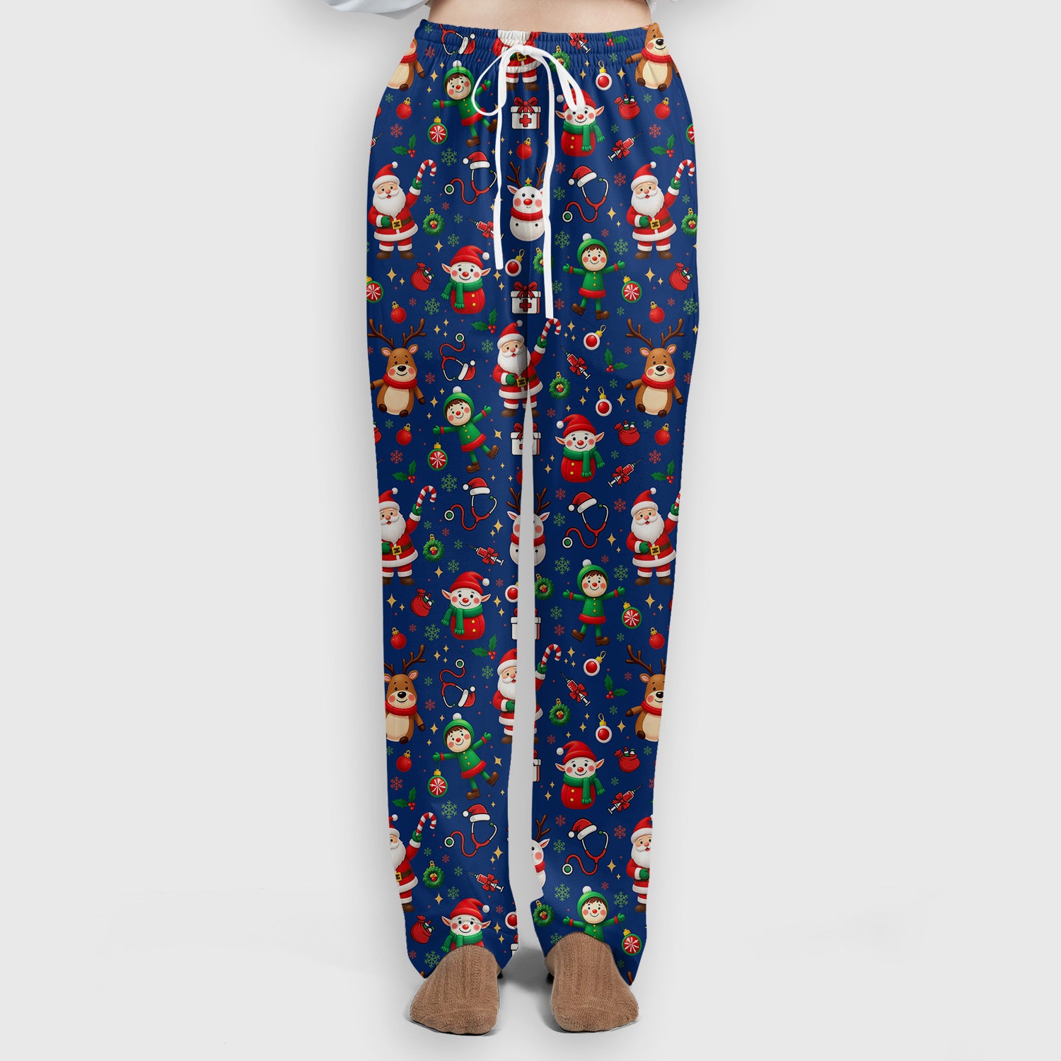 Christmas Comfortable Scrubs for Nurses - Cute Santa Reindeer Scrubs Pants and V Neck Top - Festive Holiday Med Uniform for Women