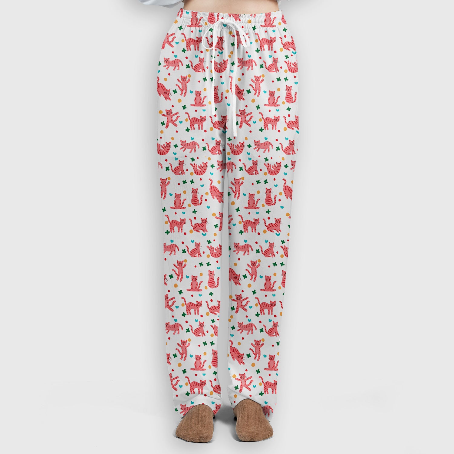Cute Pink Cat Pattern Women's Scrub Sets, Scrub Pants and V Neck Top