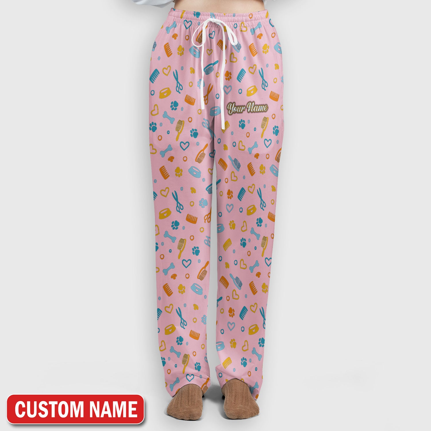 Custom Name Dog Cat Grooming Pattern Scrub Set, Scrub Pants and V Neck Top