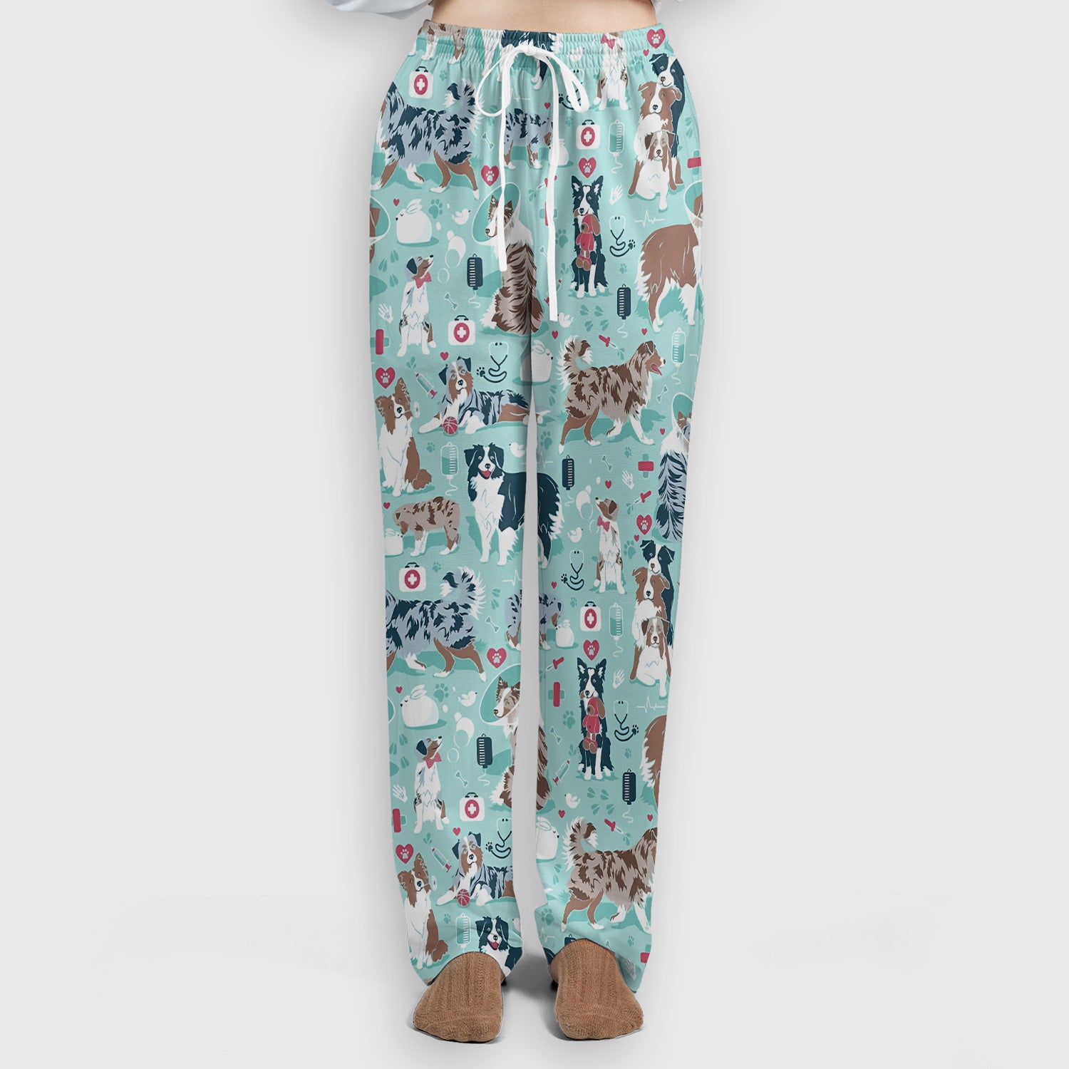 Cute Dog Pattern Women's Veterinary Scrub Set, Scrub Pants and V Neck Top