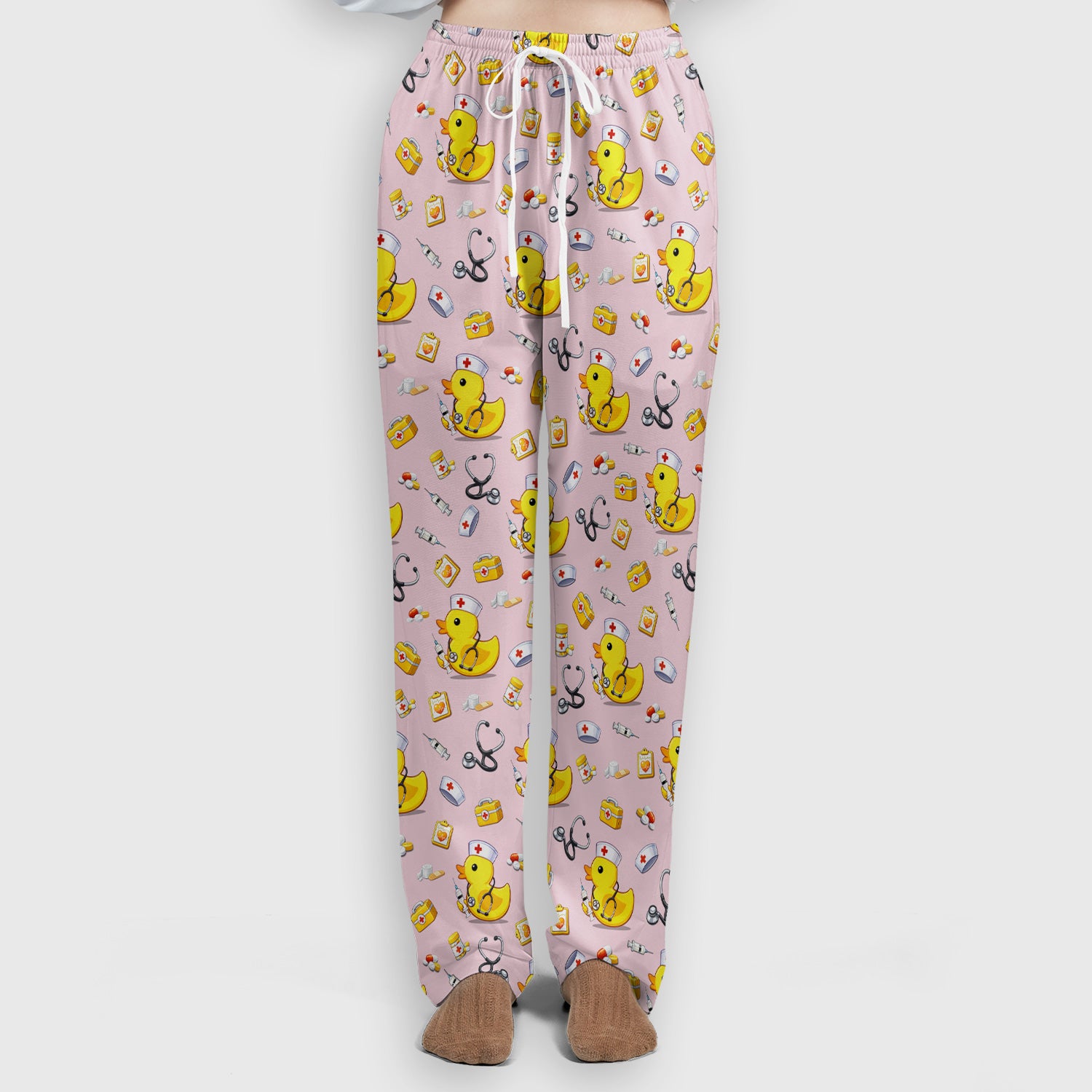 Playful Medical Duck Print Women's Scrub Set, Breathable Med Uniform