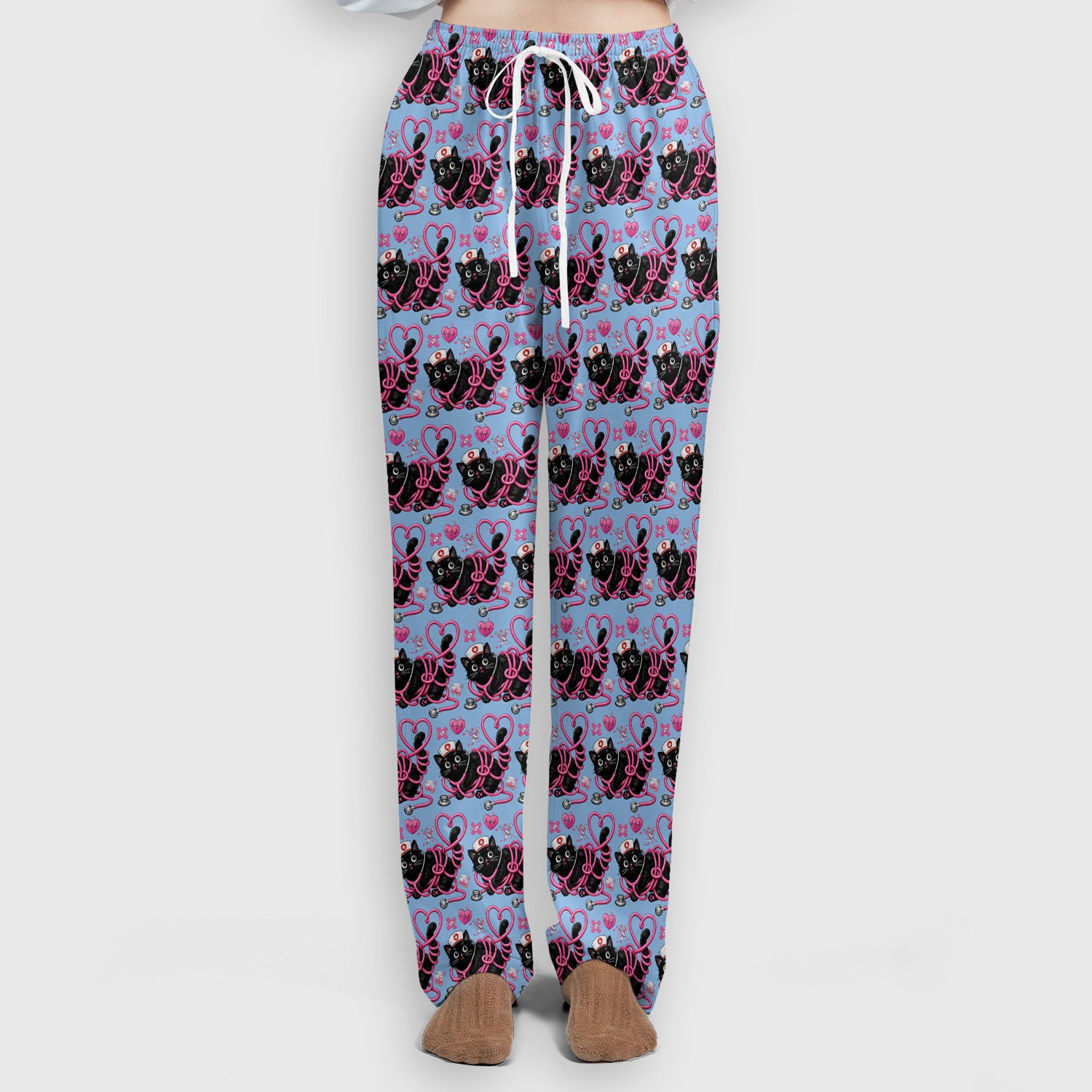 Valentine Cute Cat Nurse Heart Print Women's Scrub Set, Breathable Med Uniform