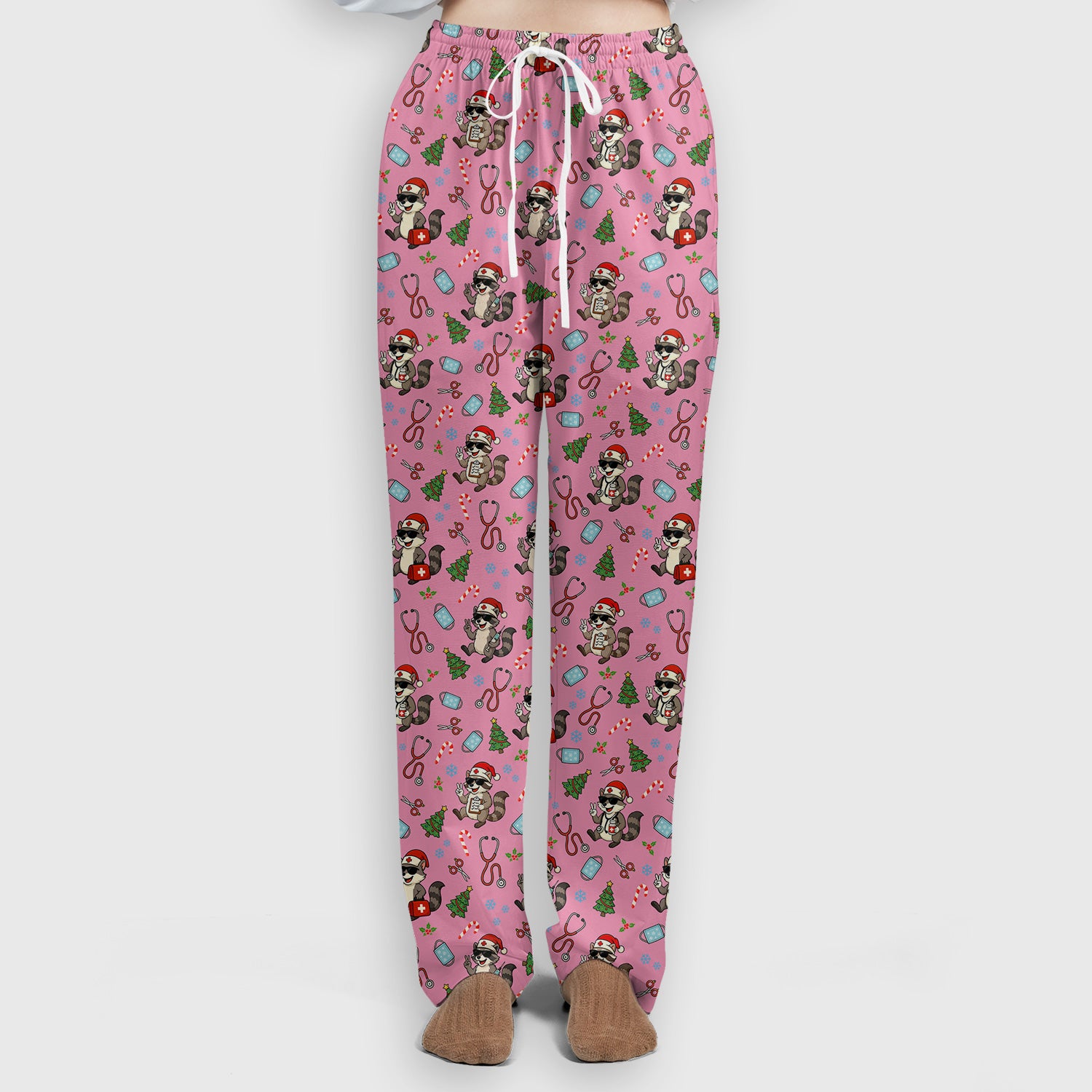Funny Christmas Nurse Scrub Set - Raccoon Pattern with Santa Hat, Stethoscope and Tree - Cute Holiday Medical Scrubs Pants and Top Gift for RN CNA LPN