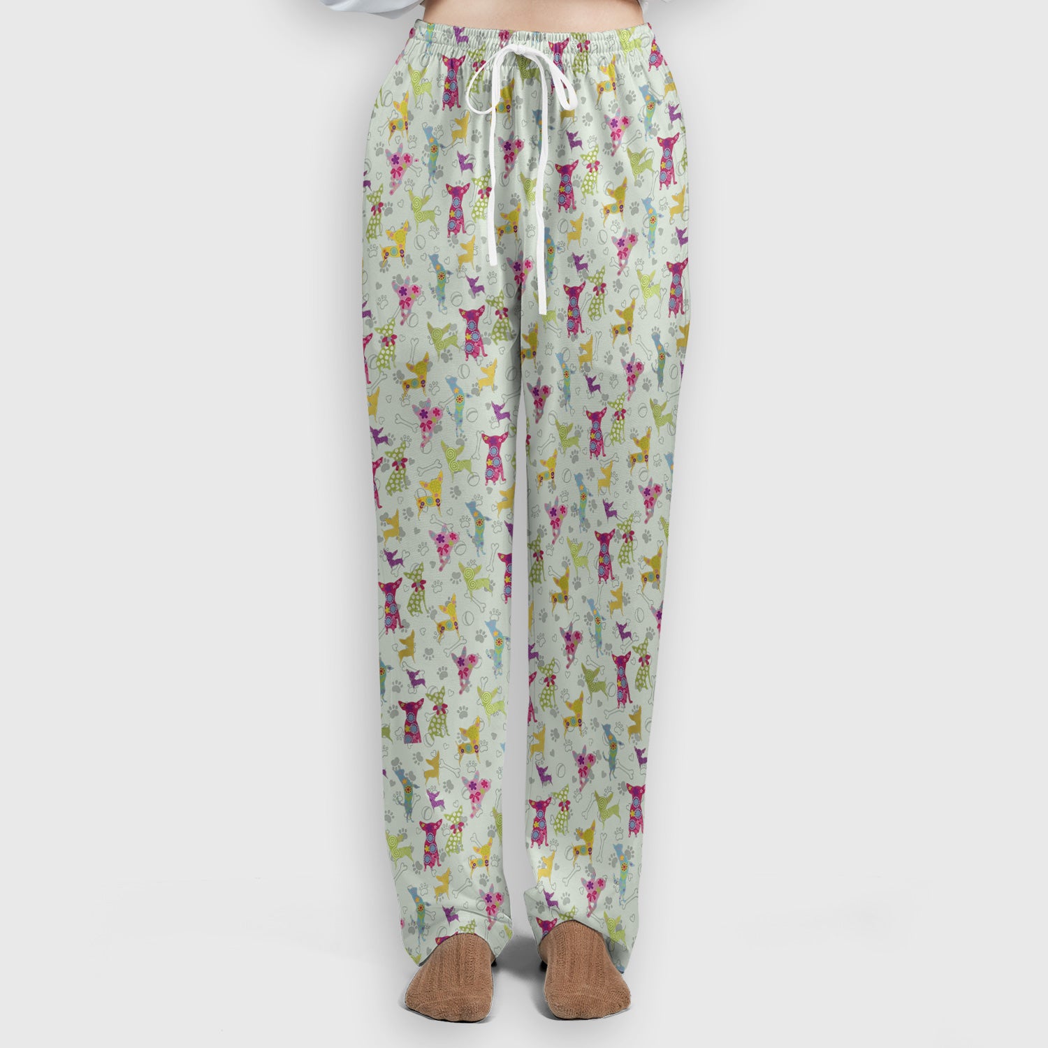 Colorful Playful Dog Print Nurse Scrub Set, Scrub Pants and V Neck Top