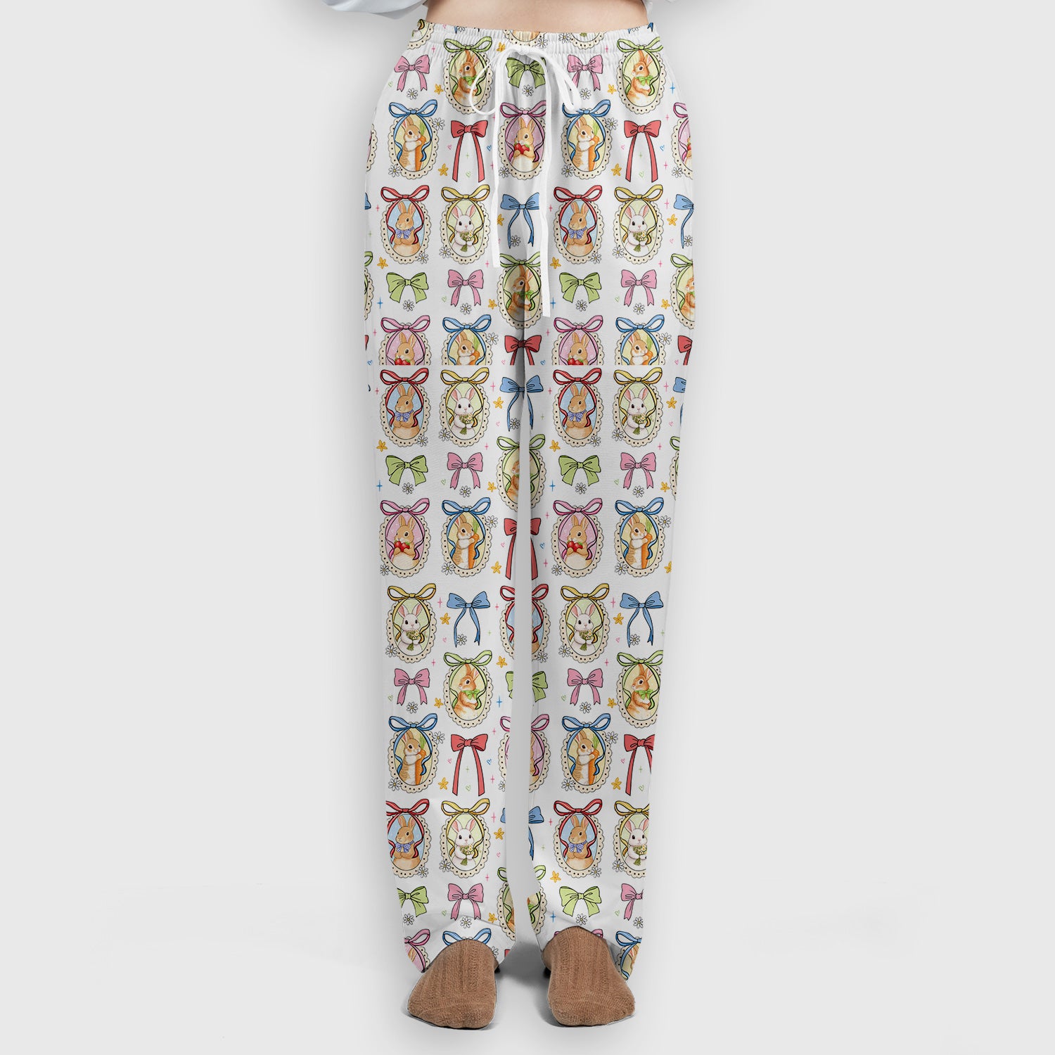 Cute Easter Bunny Cameo Colorful Bow Pattern Scrub Set, Breathable Med Uniform