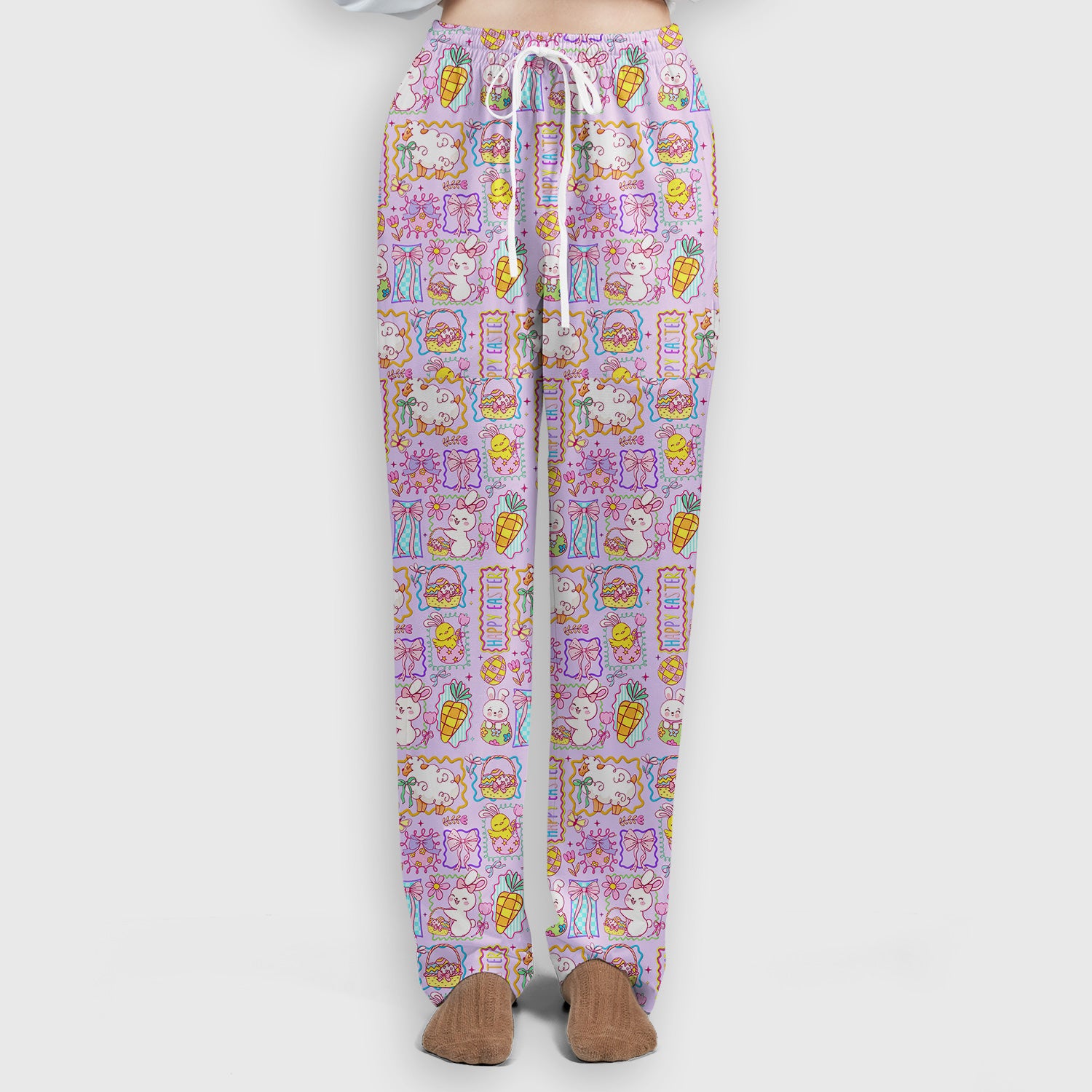Cute Easter Bunny Egg and Bow Print Scrub Set, Scrub Pants and V Neck Top