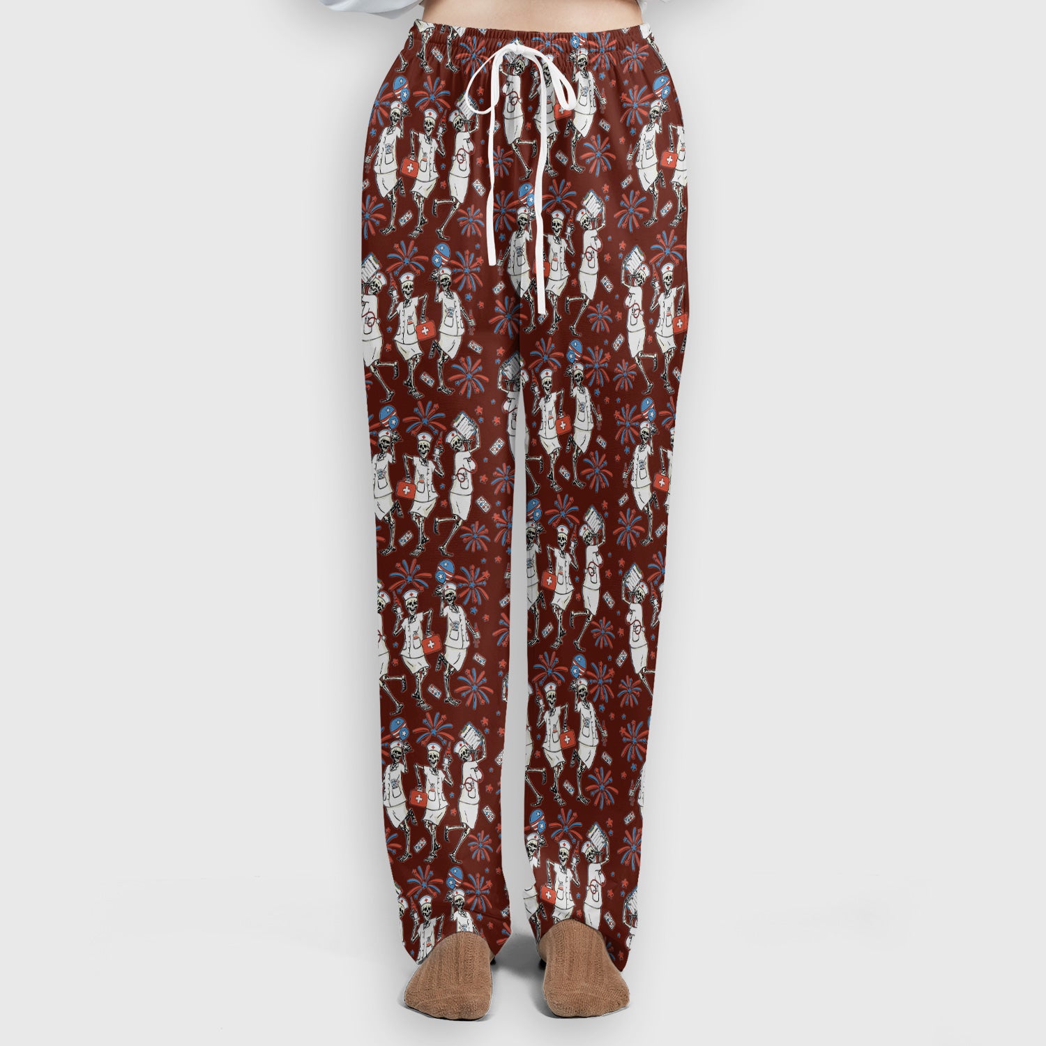 Funny Skeleton Nurse Patriotic Print Scrub Set, Scrub Pants and V Neck Top