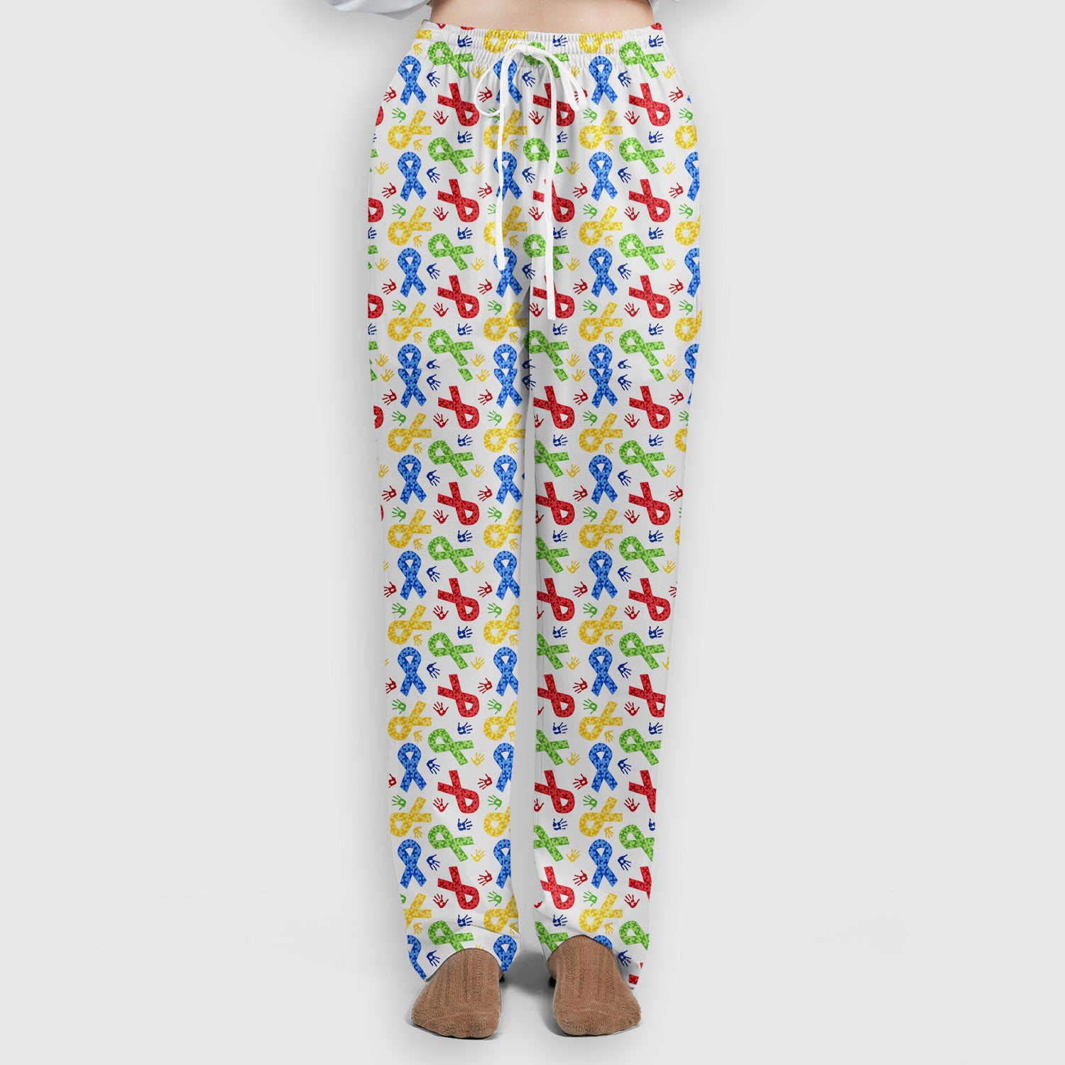 Multicolor Ribbon Pattern Print Scrub Set, Scrub Pants and V Neck Top