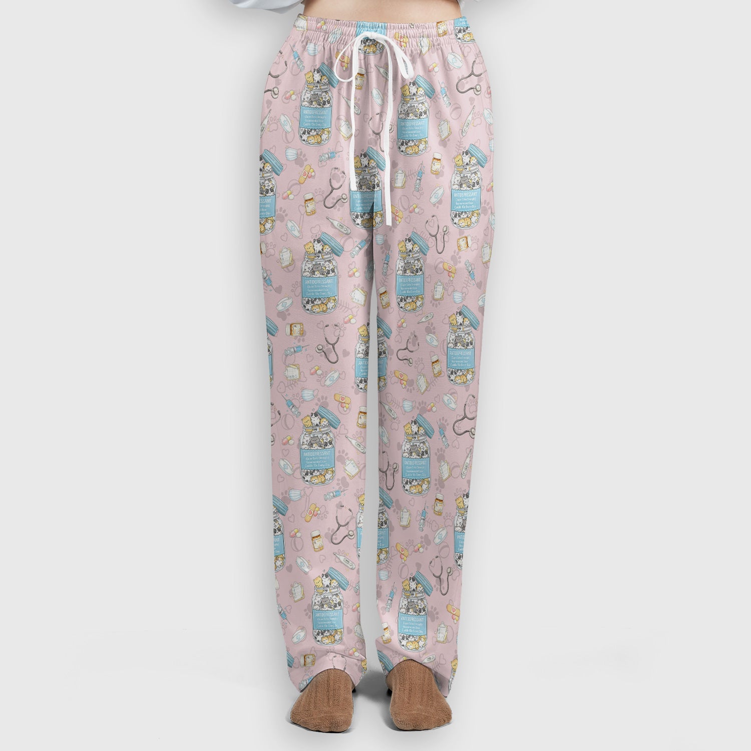 Cute Antidepressant Cat Jar Print Women's Scrub Set, Breathable Med Uniform