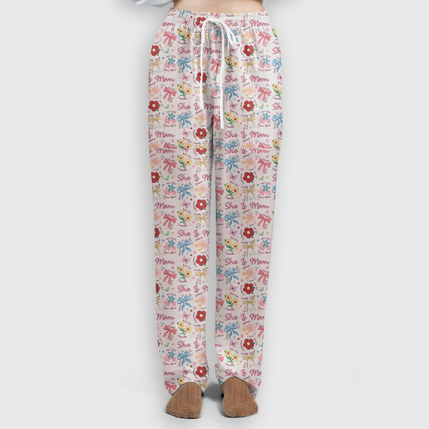She Is Mom Flower Bow Pattern Scrub Set, Scrub Pants and V Neck Top