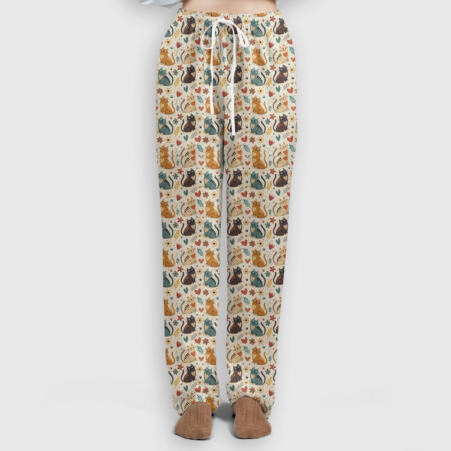 Cute Kitty Print V Neck Scrub Set for Nurses, Floral Medical Uniform