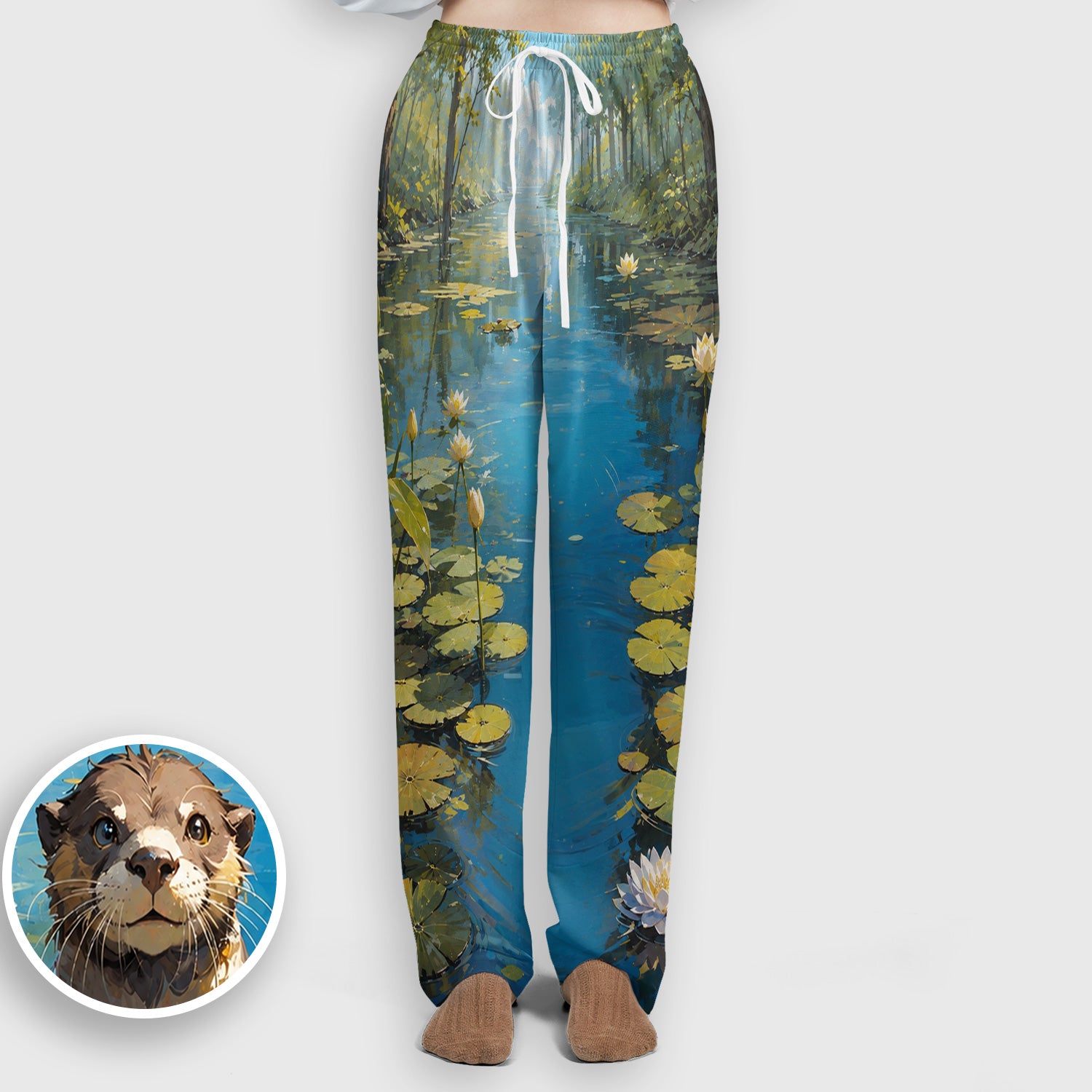 Cute Otter Pond Pattern Scrub Set, Scrub Pants and V Neck Top