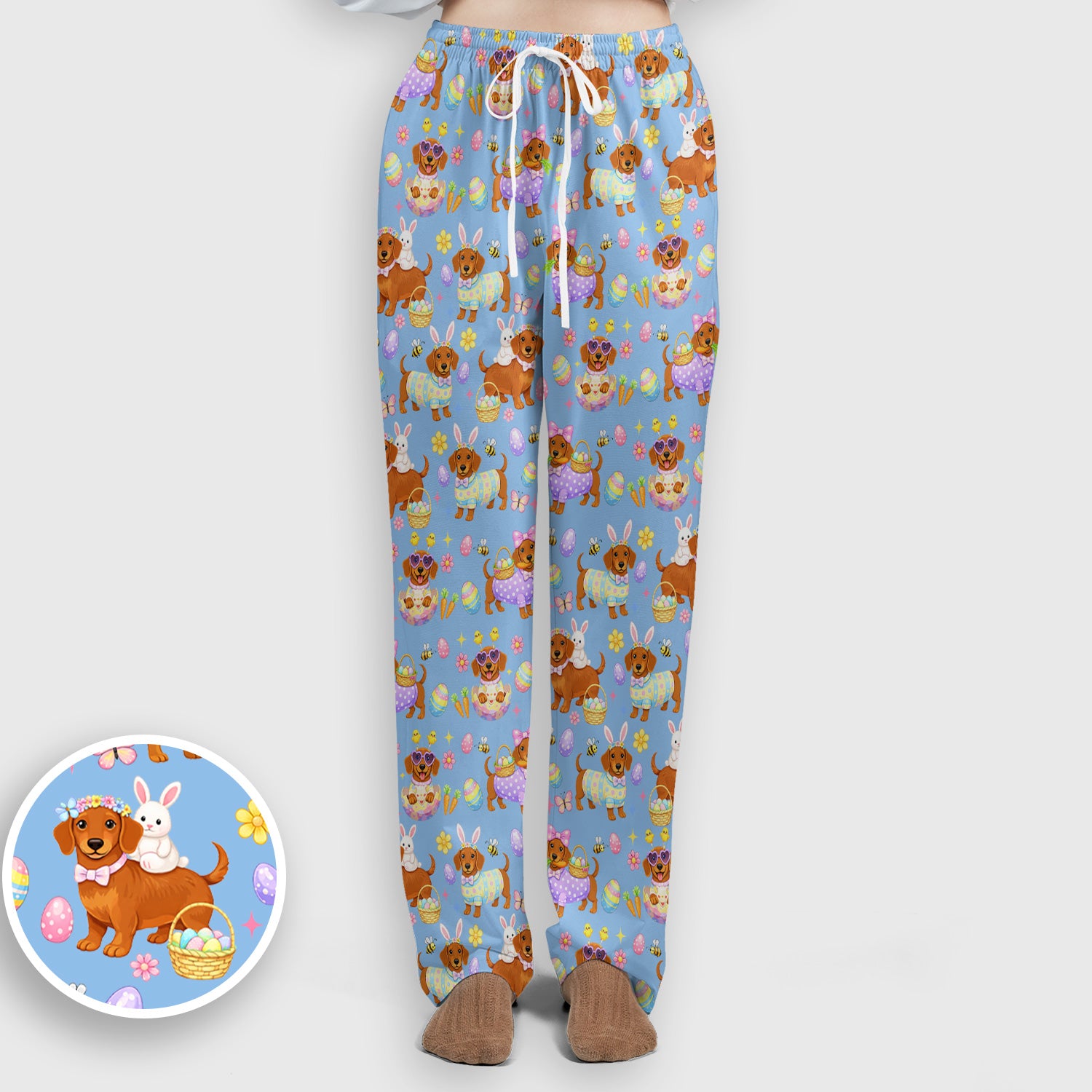 Cute Easter Dachshund Dog Pattern Scrub Set, Scrub Pants and V Neck Top