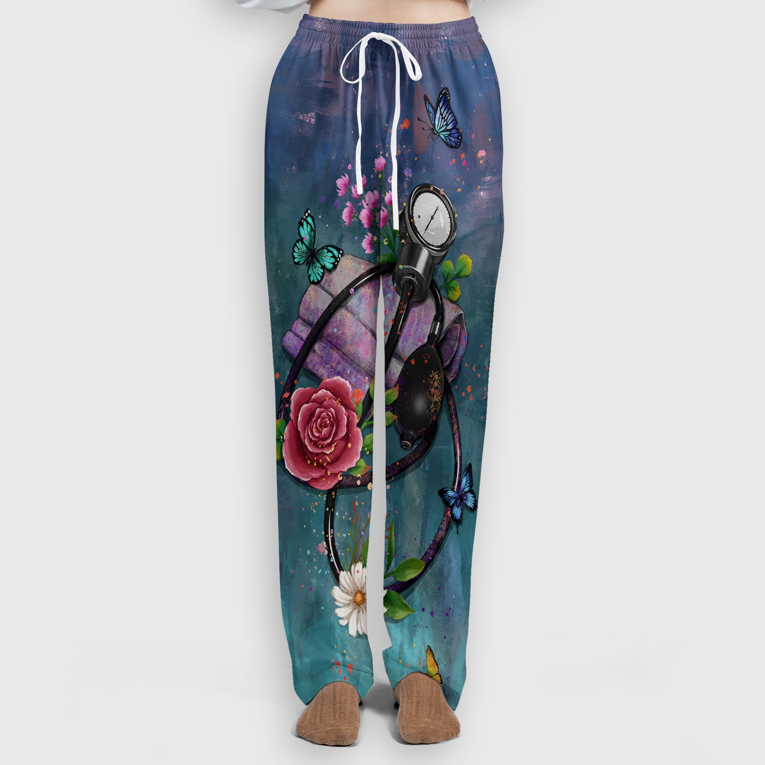 Floral Stethoscope Nurse Pattern Scrub Set, Scrub Pants and V Neck Top