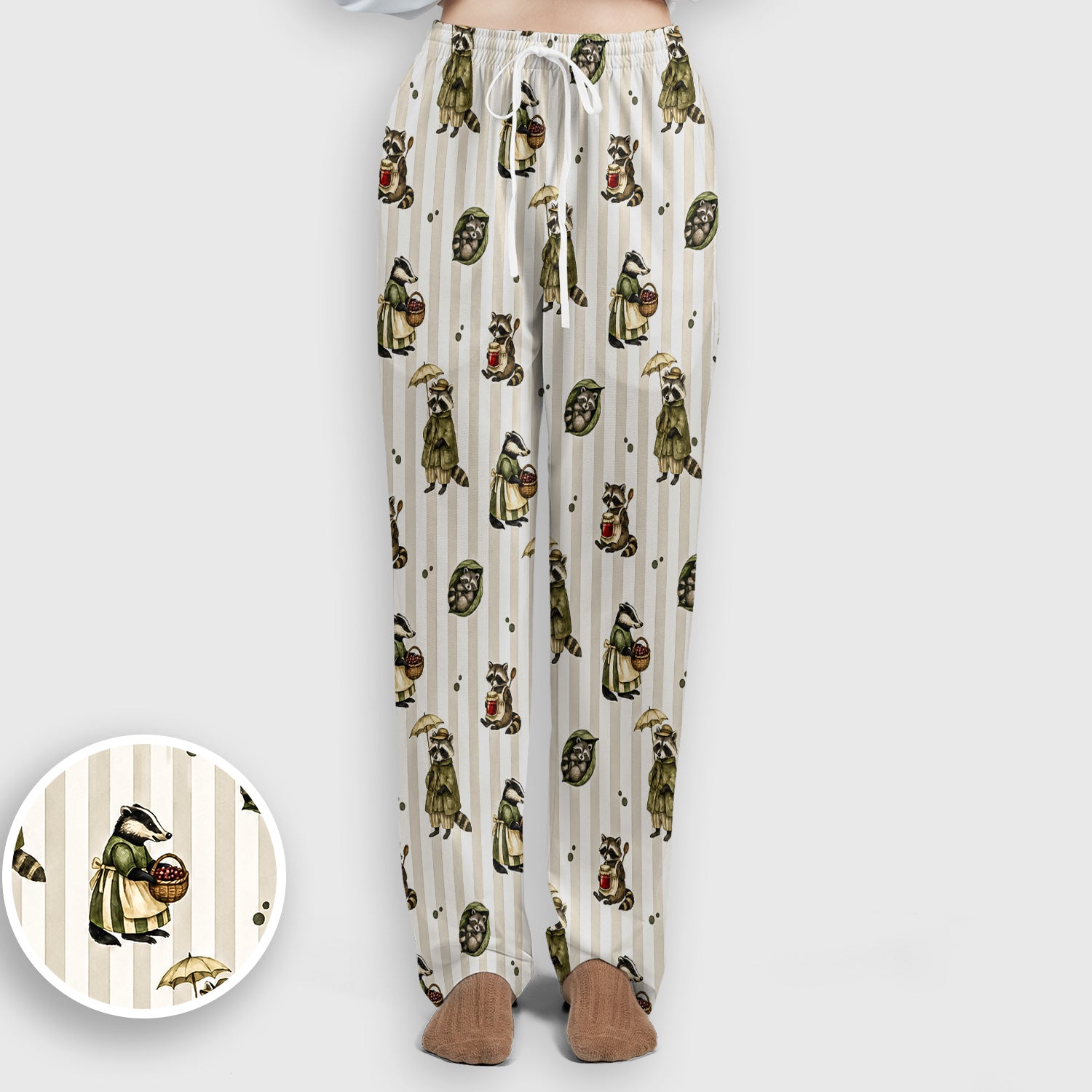 Cute Woodland Raccoon Print Scrub Set, Scrub Pants and V Neck Top