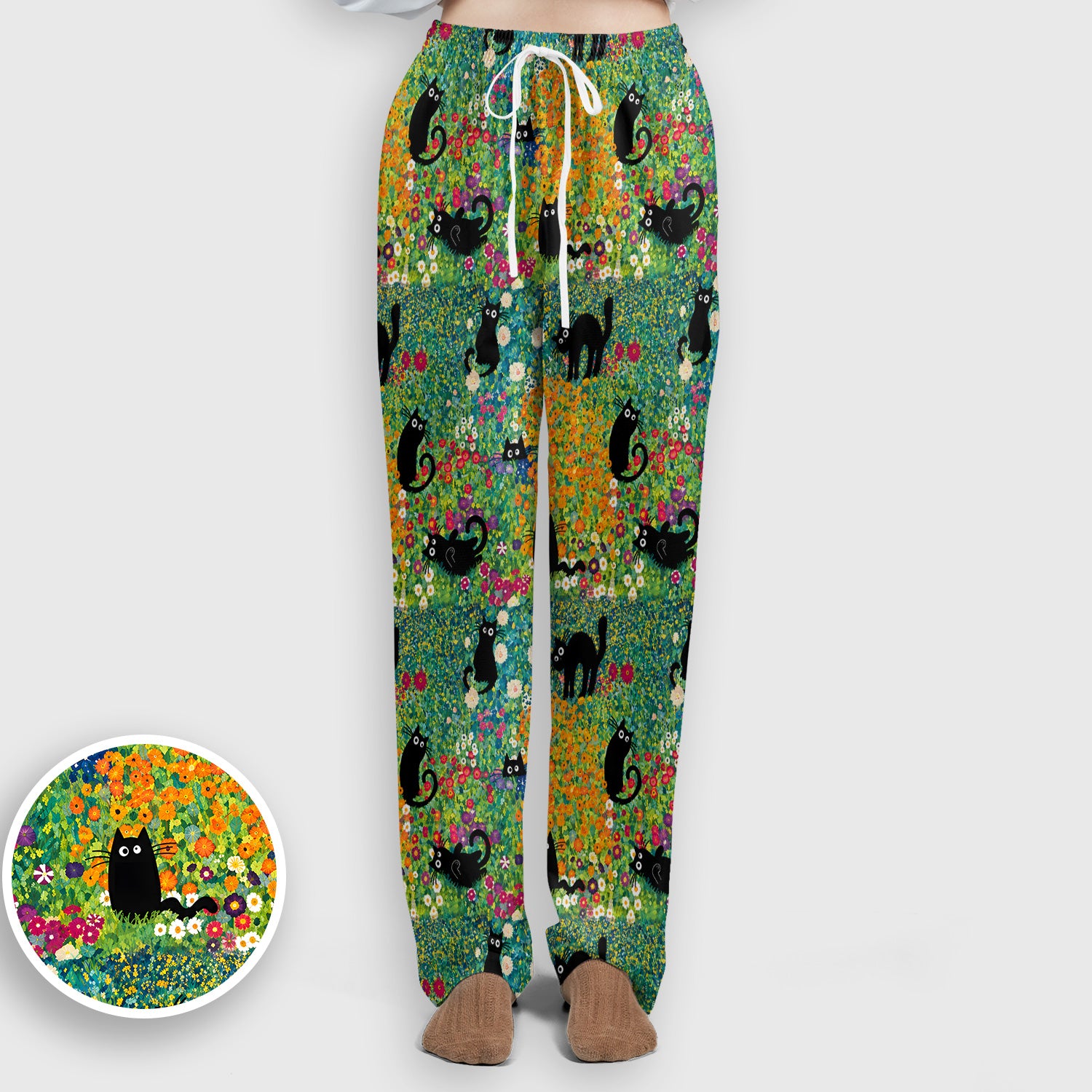 Black Cat Flower Garden Pattern Scrub Set, Scrub Pants and V Neck Top