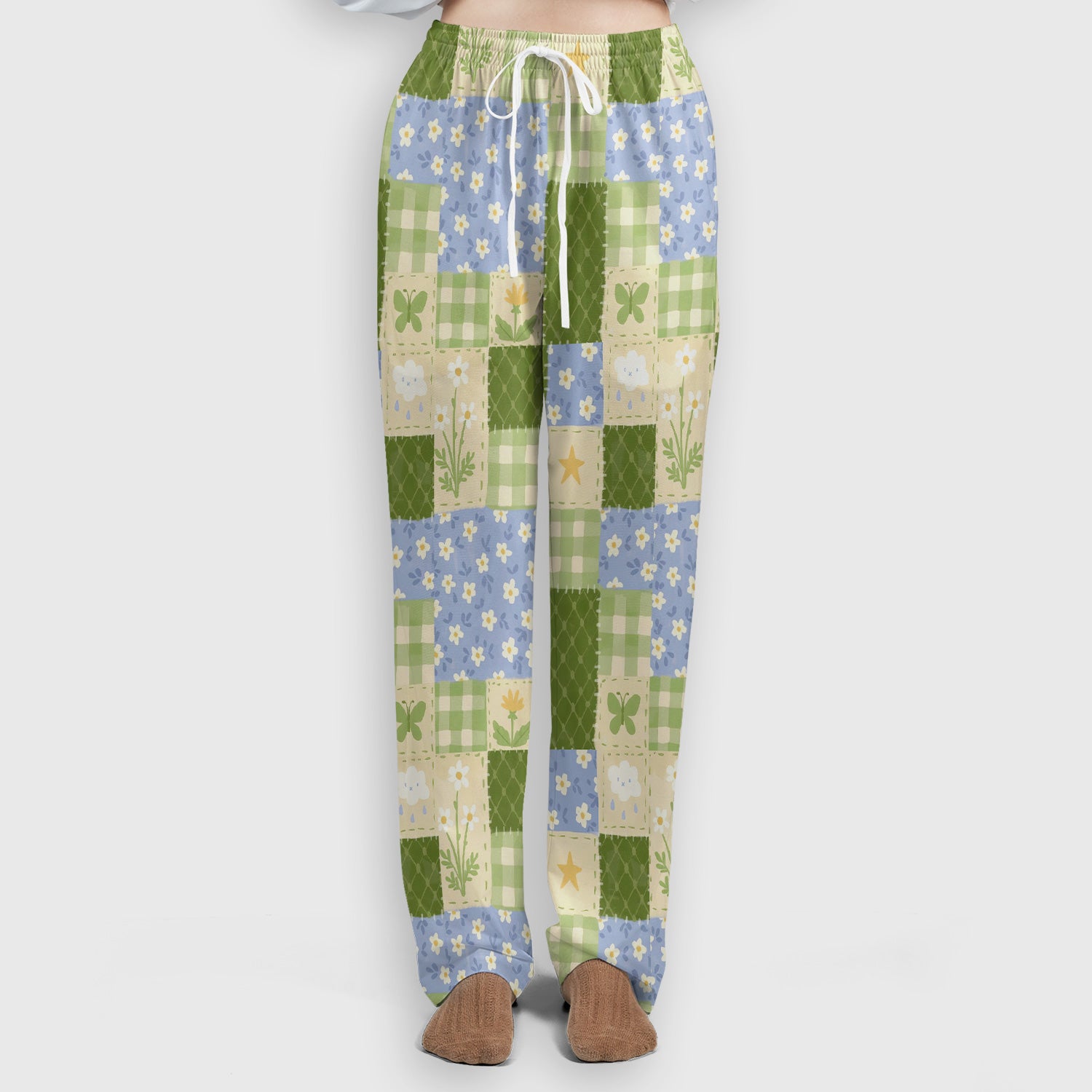 Green Patchwork Clover Floral Pattern Scrub Set, Scrub Pants and V Neck Top