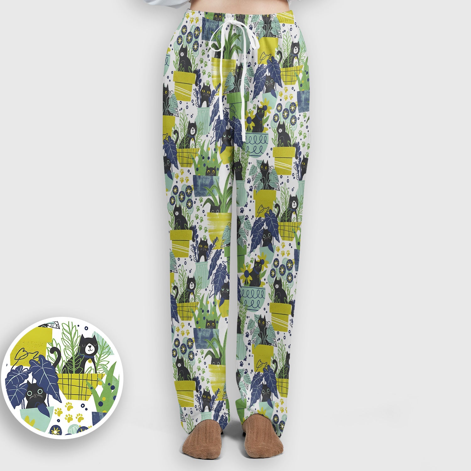 Black Cat Planter Garden Pattern Scrub Set, Scrub Pants and V Neck Top