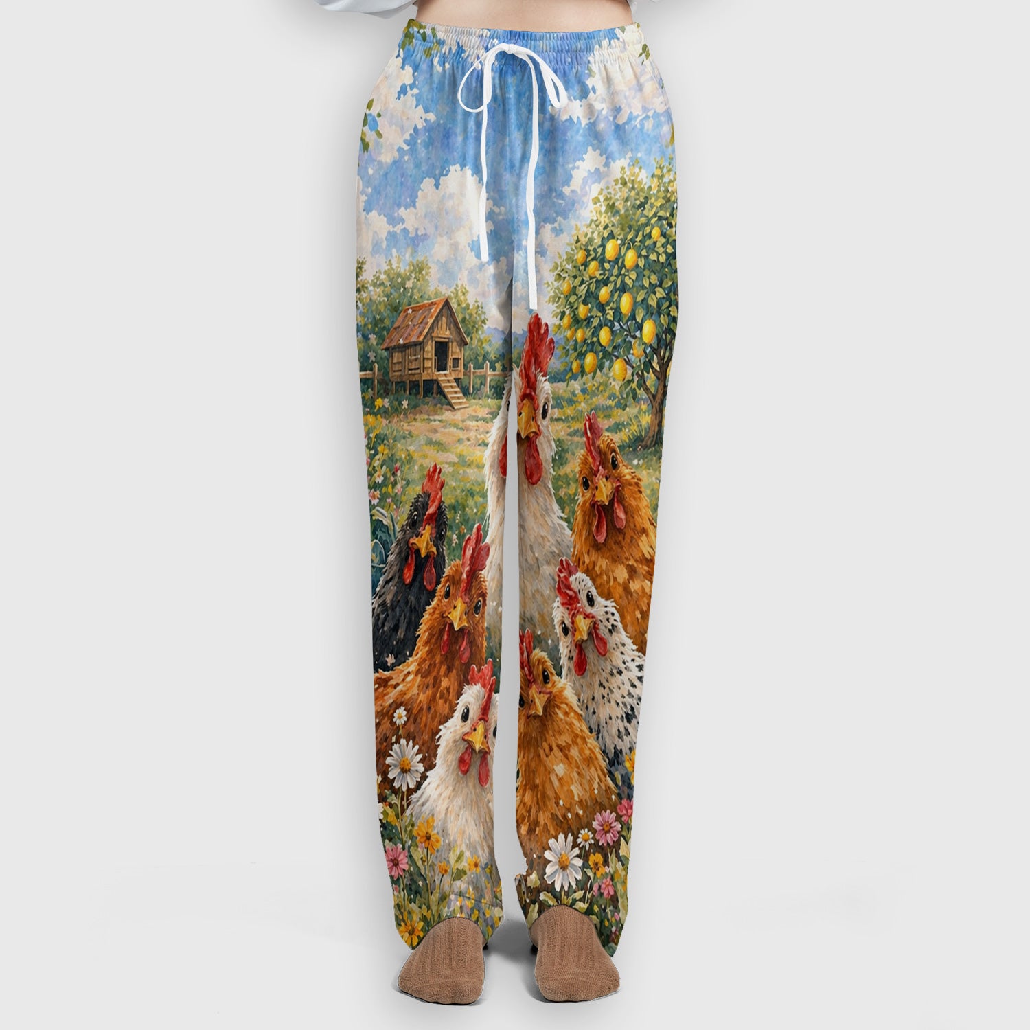 Rustic Chicken Family Farm Garden Pattern Nurse Scrub Set, Scrub Pants and V Neck Top