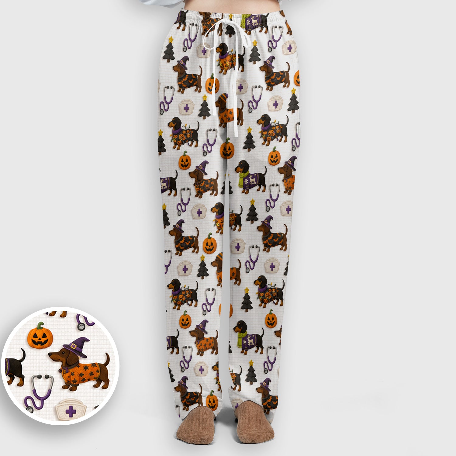 Halloween Dachshund with Pumpkin Stethoscope Print Scrub Set, Scrub Pants and V Neck Top