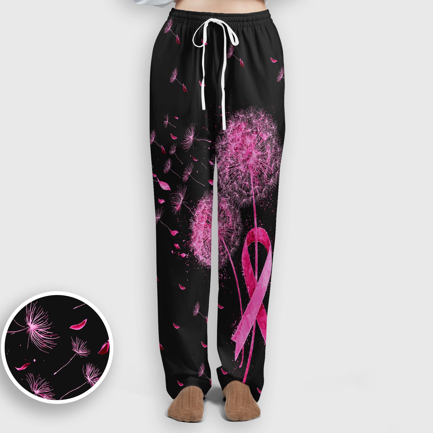 Meaningful Pink Ribbon Dandelion Scrub Set, Scrub Pants and V Neck Top