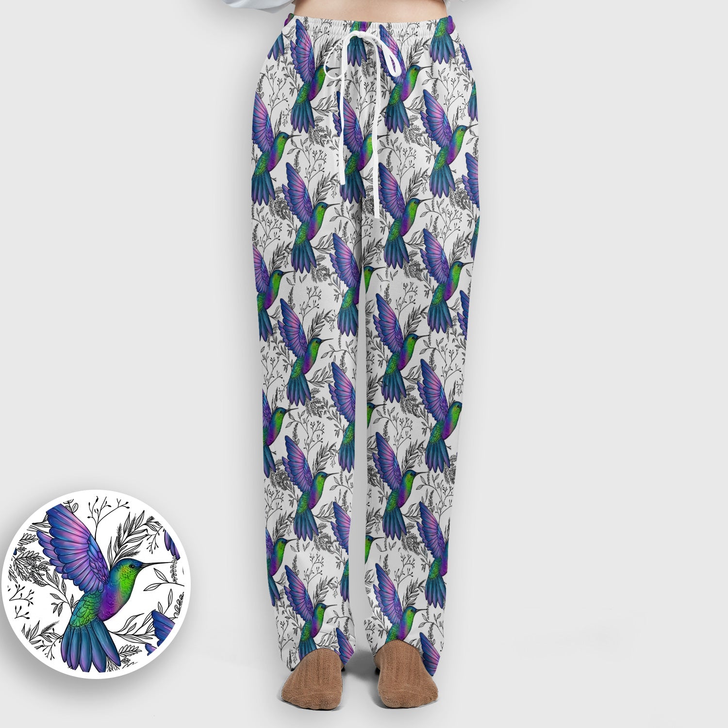 Colorful Hummingbird Flying Botanical Pattern Scrub Set, Scrub Pants and V Neck Top