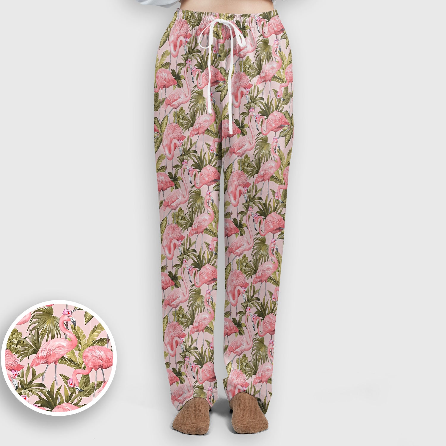 Pink Flamingo Jungle Leaves Pattern Scrub Set, Scrub Pants and V Neck Top