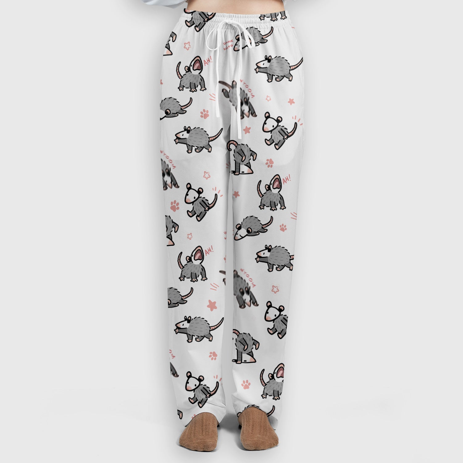 Playful Cartoon Opossum Character Pattern Scrub Set, Women's Scrub Sets