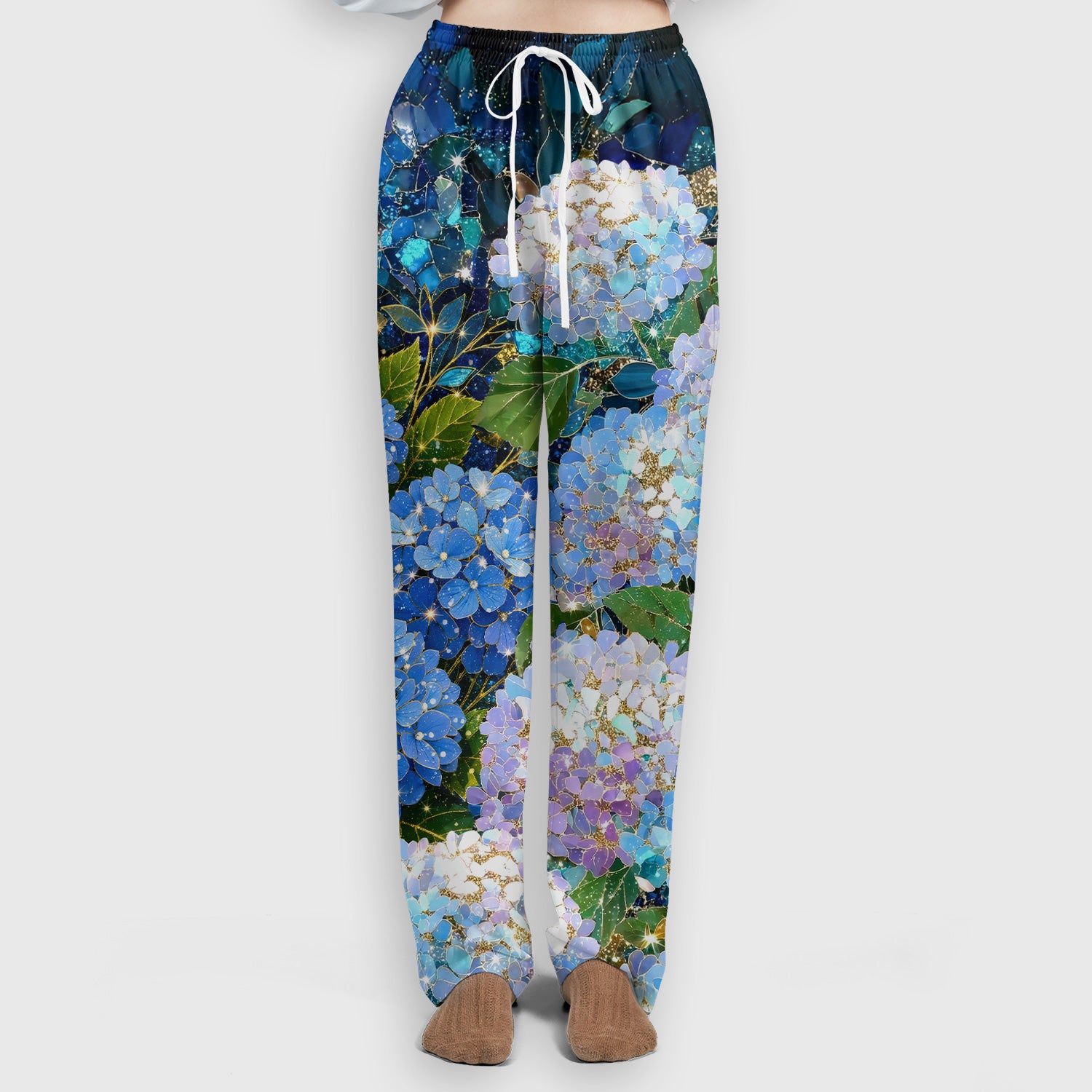 Blue Hydrangea Floral Pattern Scrub Set, Scrub Pants and V Neck Top