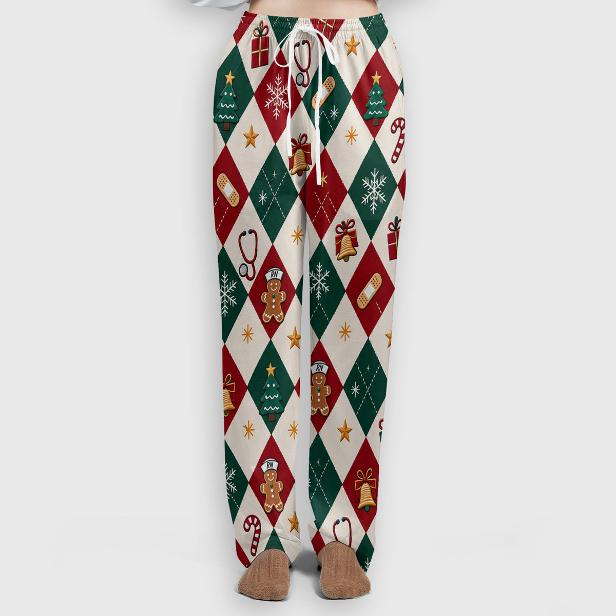 Christmas Gingerbread Nurse Argyle Scrub Set, Scrub Pants and V Neck Top