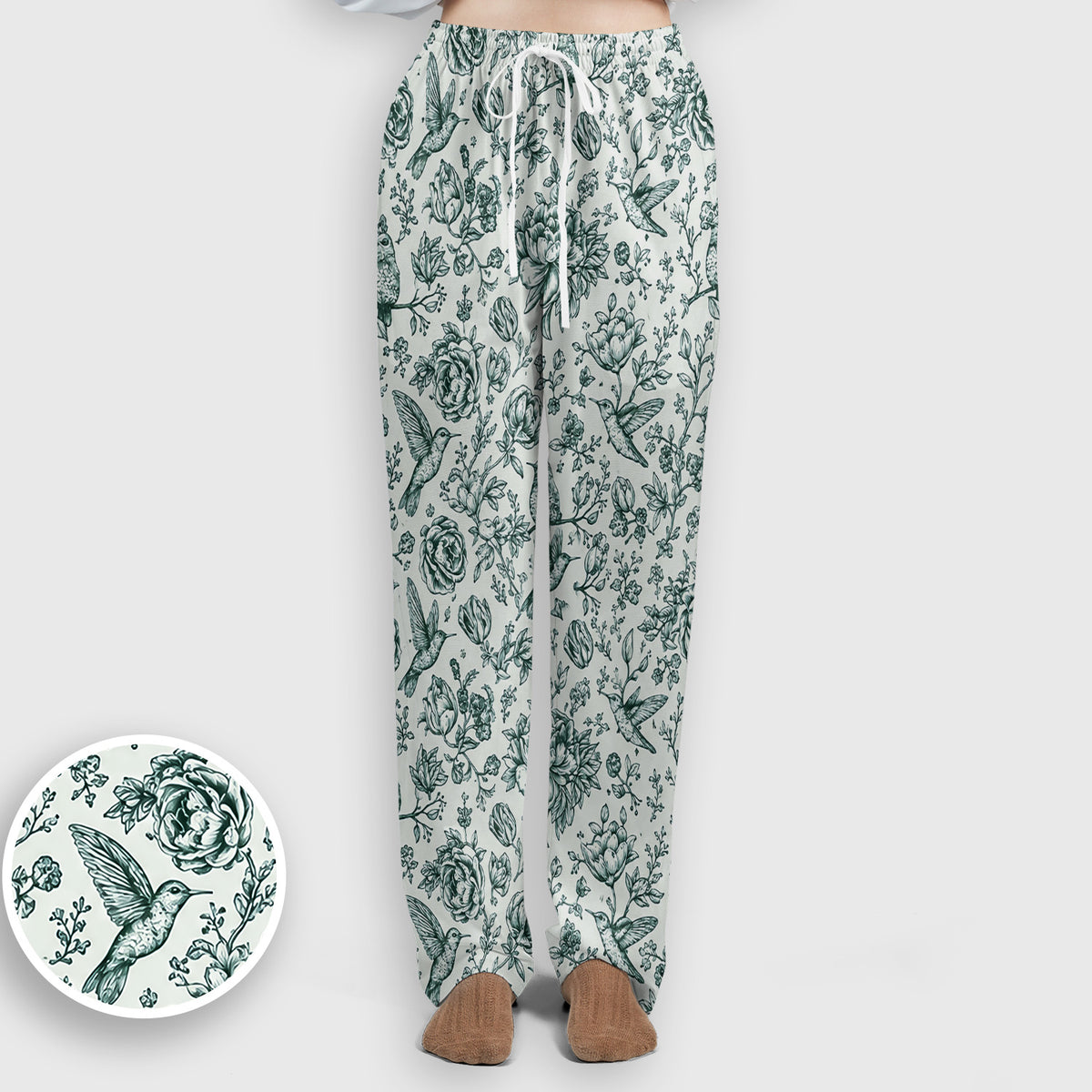 Vintage Hummingbird Pattern Scrub Set, Scrub Pants and V Neck Top
