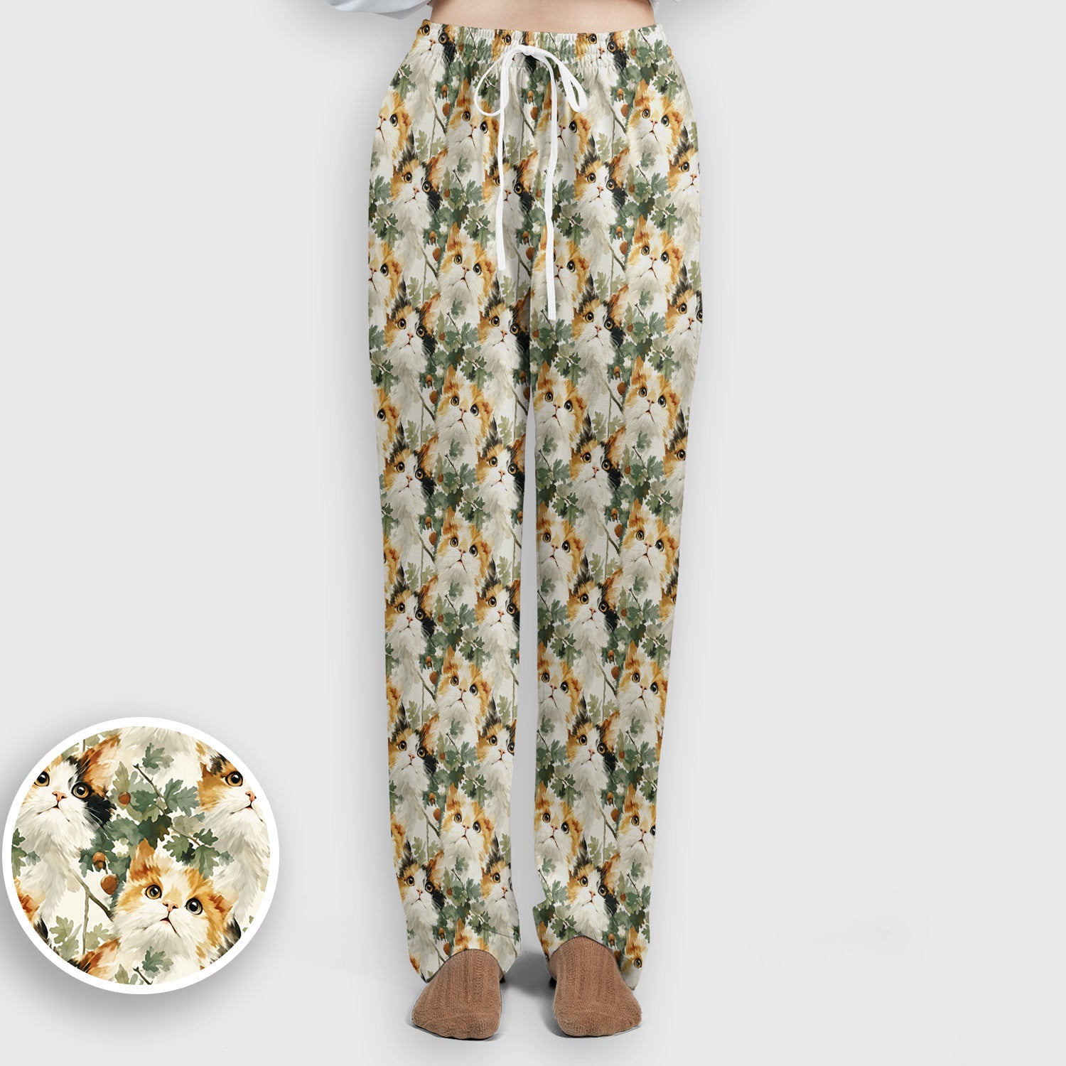 Fluffy Calico Cat Oak Leaves Pattern Scrub Set, Scrub Pants and V Neck Top