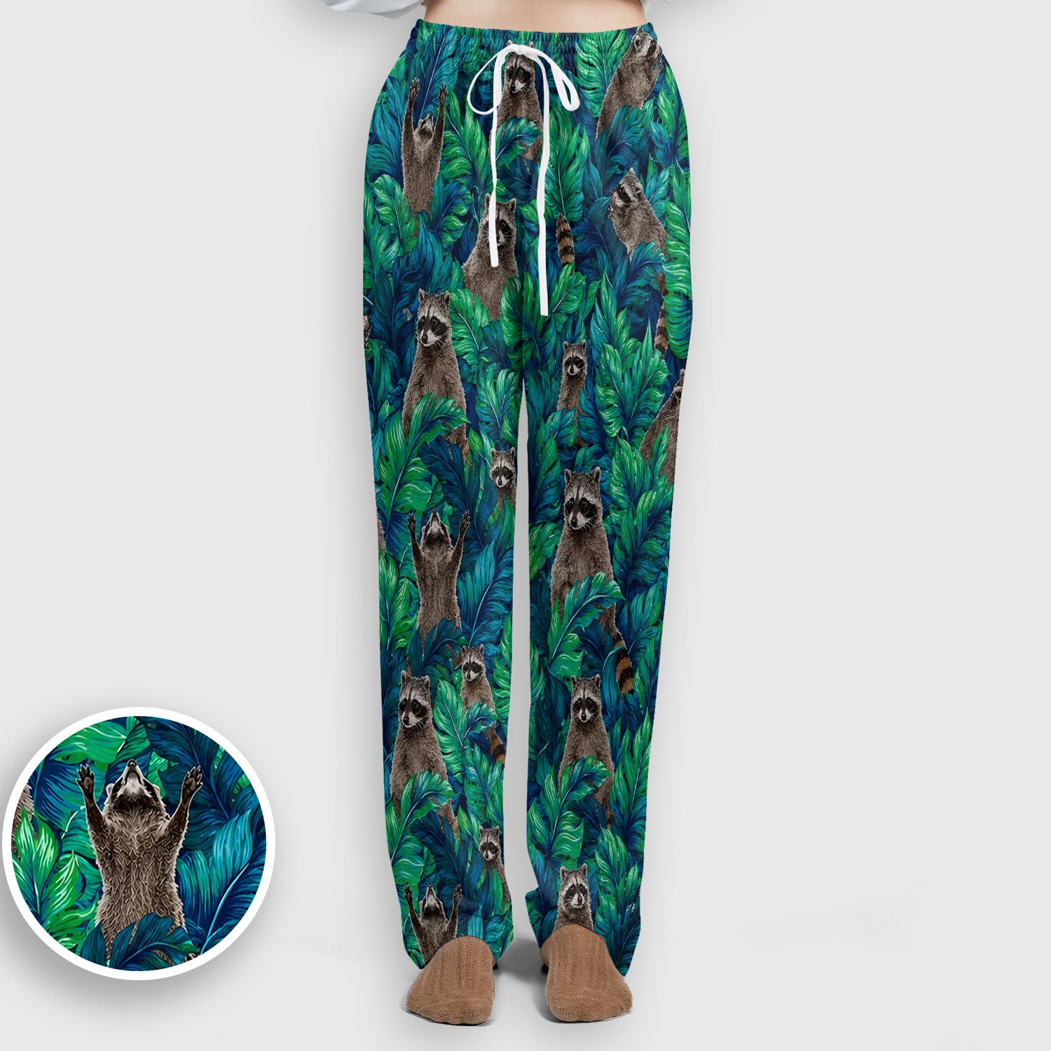 Tropical Raccoon Jungle Leaves Pattern Scrub Set, Scrub Pants and V Neck Top