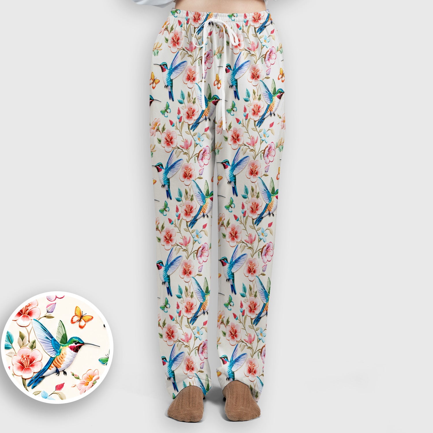 Hummingbird Blossom Butterfly Pattern Scrub Set, Scrub Pants and V Neck Top