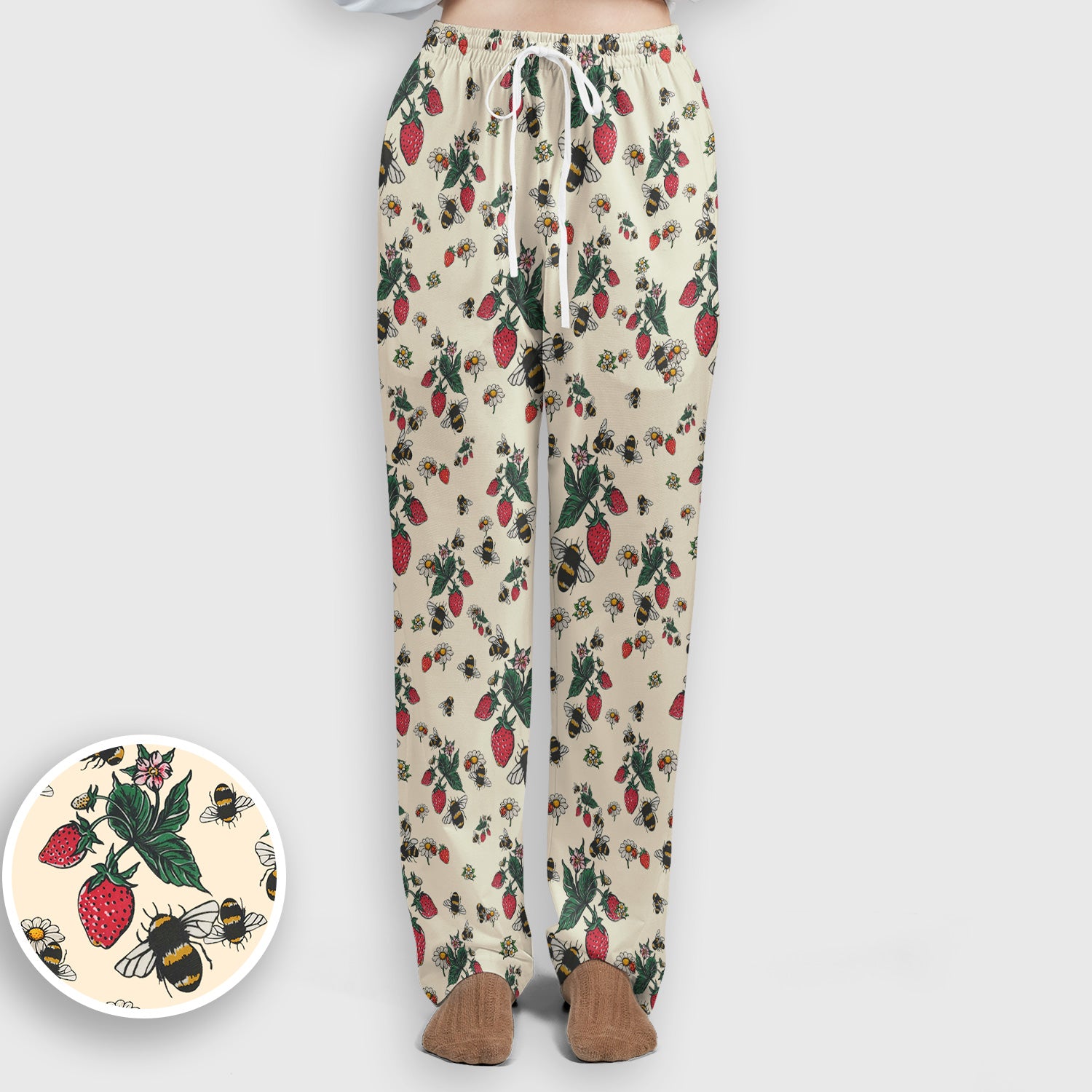 Cute Strawberry Bee Daisy Floral Pattern Scrub Set, Scrub Pants and V Neck Top