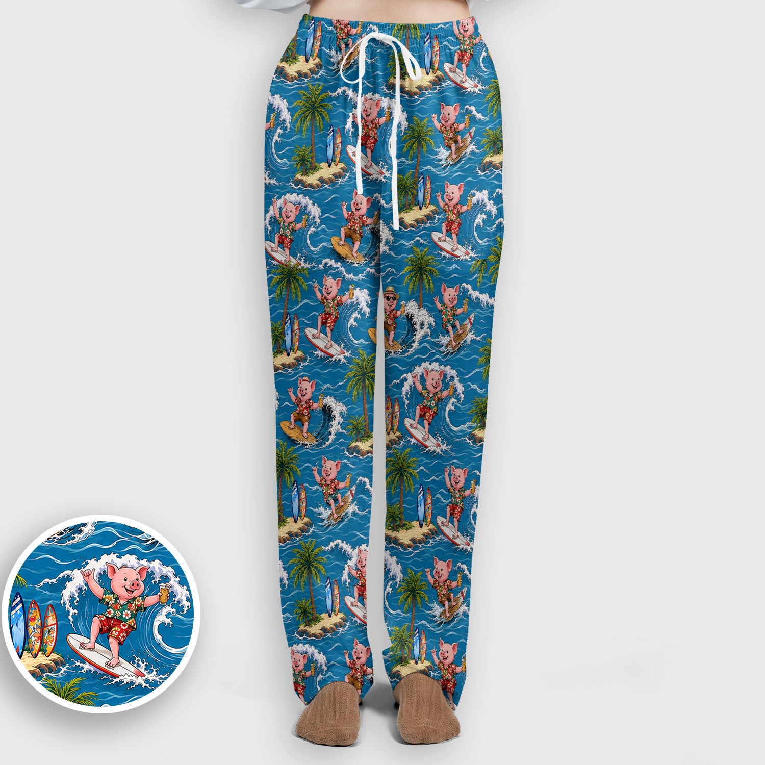 Tropical Surfing Pig Island Pattern Scrub Set, Scrub Pants and V Neck Top