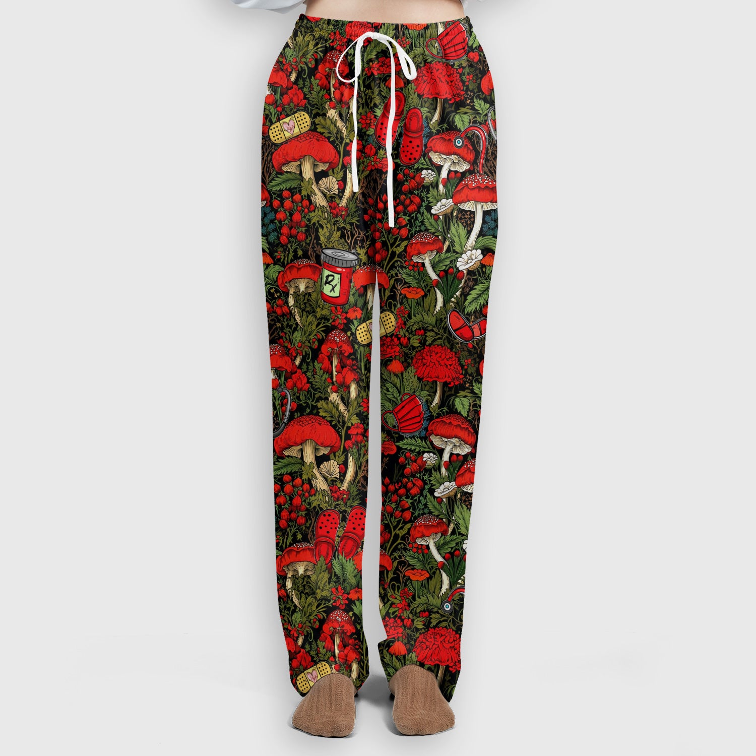 Red Mushroom Medical Forest Pattern Scrub Set, Scrub Pants and V Neck Top