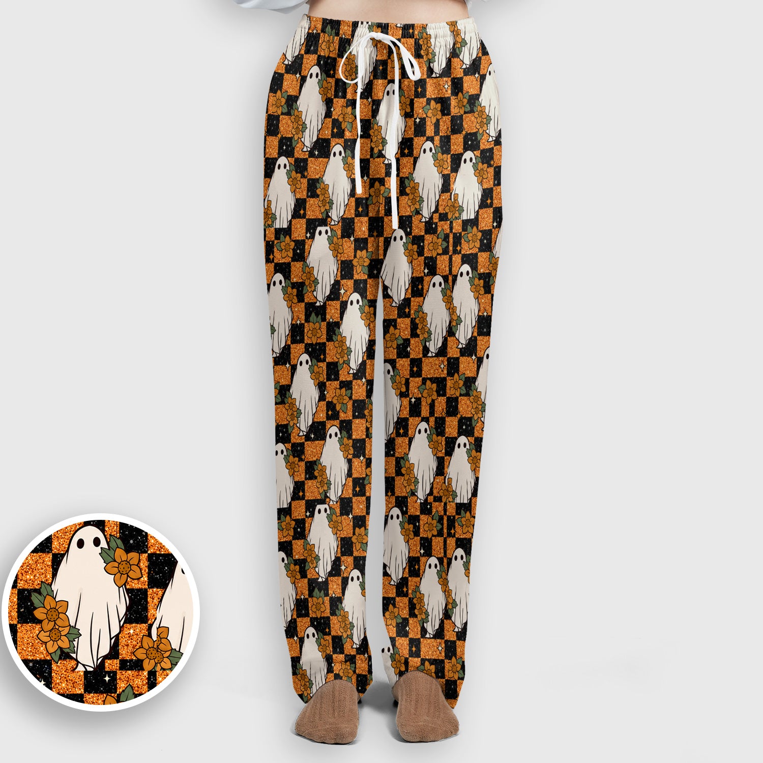 Spooky Halloween Ghost Checkerboard Scrub Set, Scrub Pants and V Neck Top